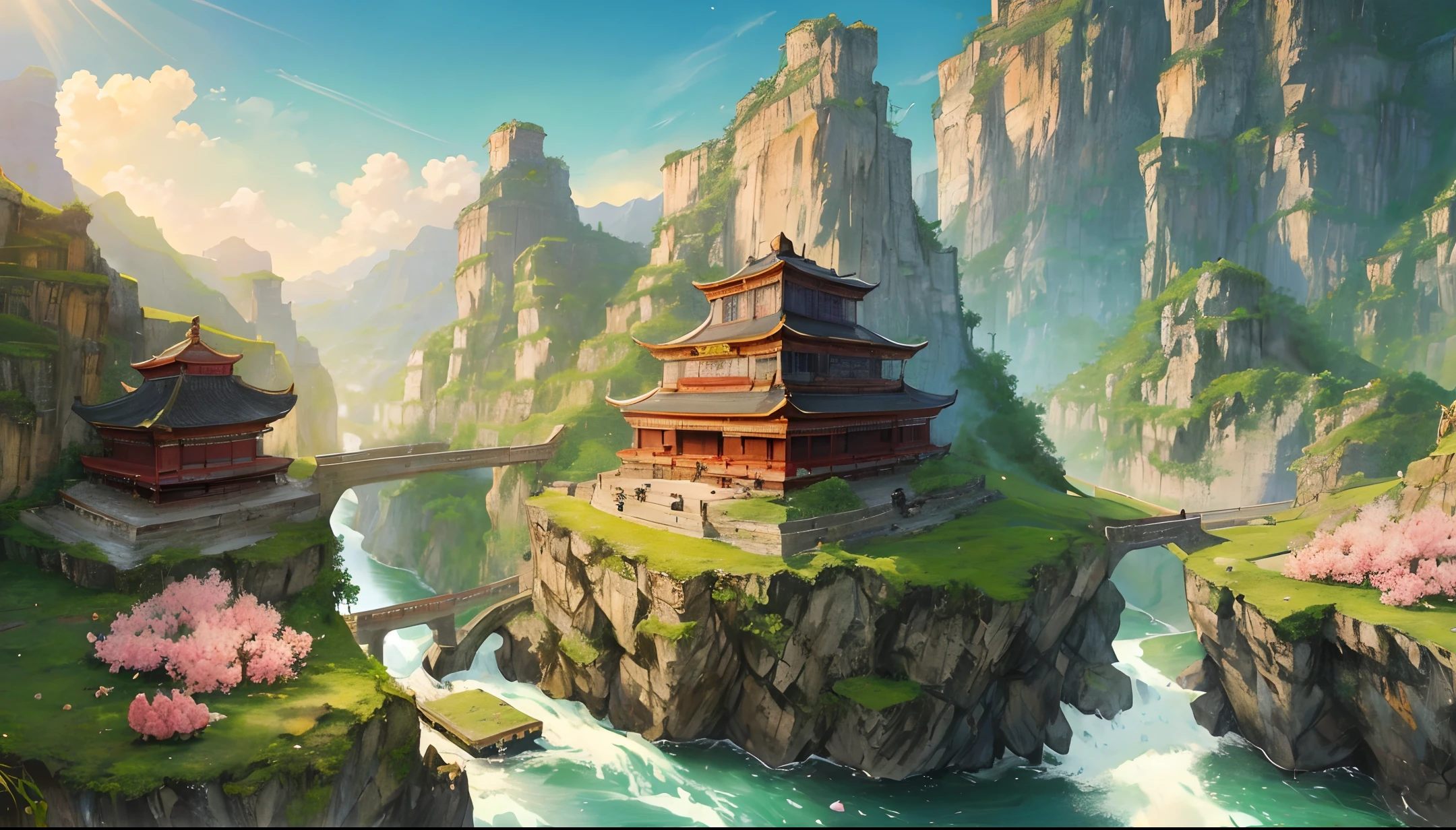 Ancient Chinese landscapes, Longmen, Luoyang, two very high mountains facing each other, River in the middle, temples, Buddhism, (stone bells), peony flowers.beautiful scenery, realistic lighting, masterpiece, high quality, beautiful graphics, high detail,