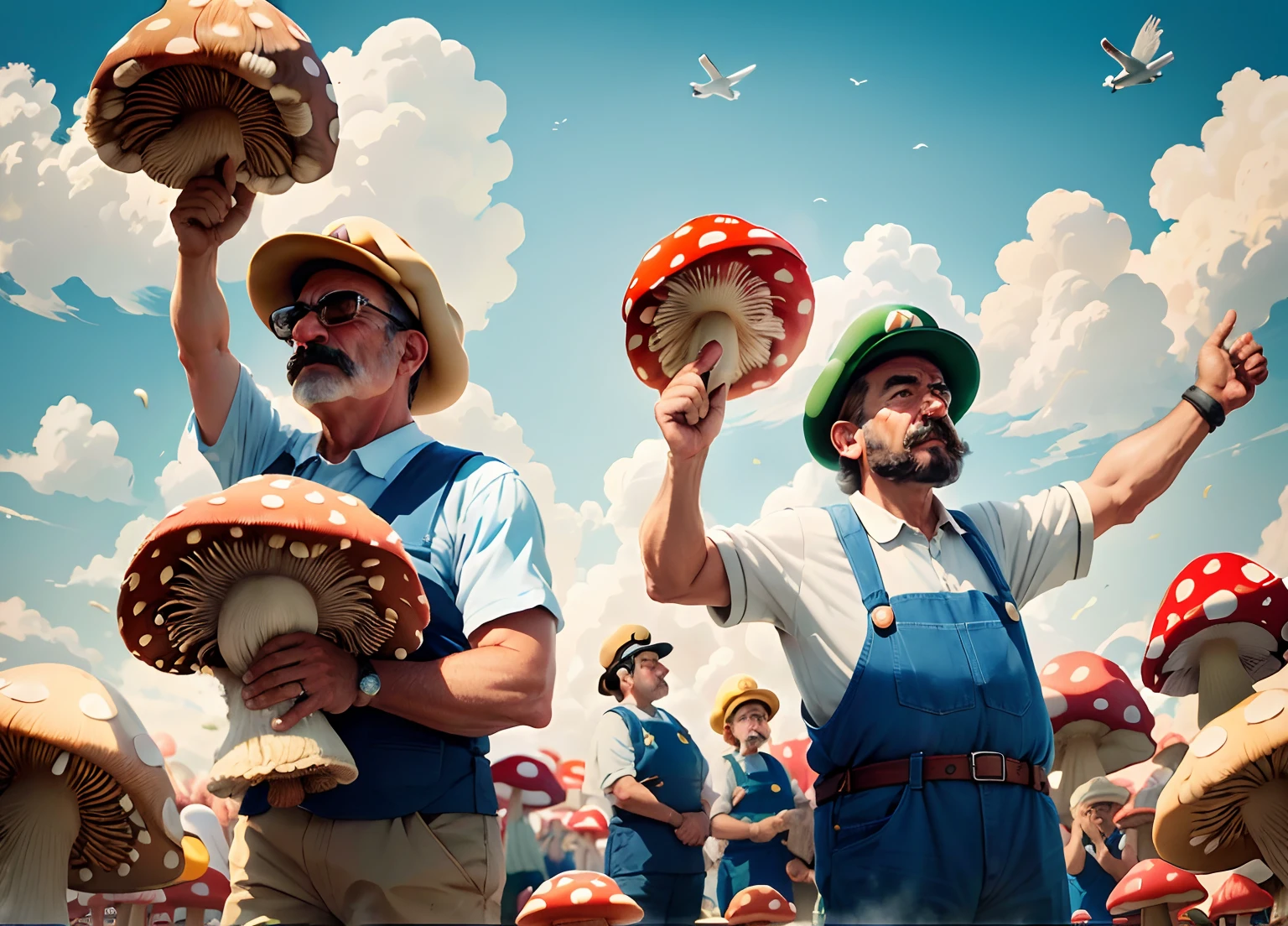 May Day atmosphere, ultra-detailed and realistic ((Uncle Mario, holding up a huge mushroom)), sparrows flying in the sky, white clouds, blue sky, beaming, middle-aged, celebration, crowd, audience, cheers, applause, ((clear sky Mushroom Fields)), Drone Aerial View, Realistic, Sunlight, Real, Masterpiece, 8K