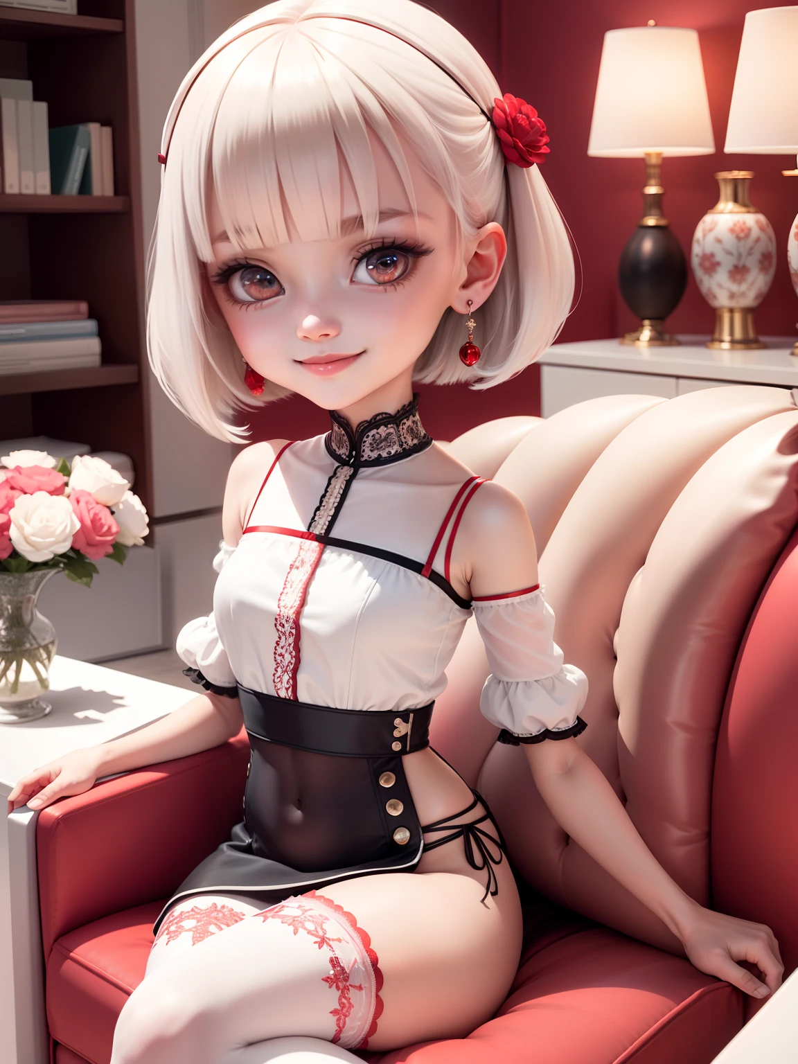 (masterpiece),(best quality),(ultra-detailed), (full body:1.2),
1girl,chibi,cute, smile,
white Bob haircut, red eyes, earring,
white shirt,black skirt, lace legwear,
(sitting on red sofa),
seductive posture, smile,
A sleek black coffee table sits in front of the sofa and a few decorative items are placed on the shelves,
(beautiful detailed face), (beautiful detailed eyes),