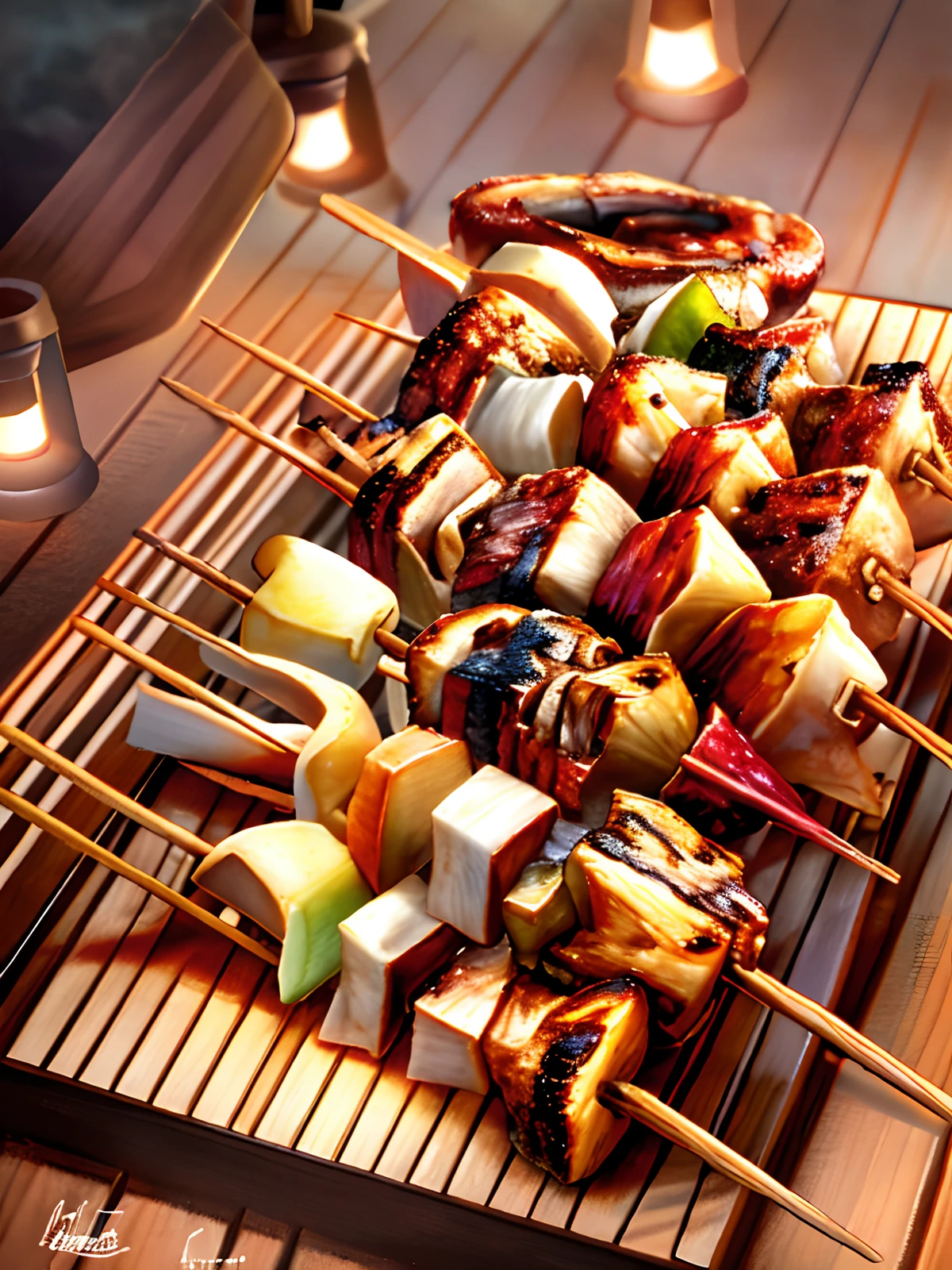 Grilled skewers, BBQ, food illustration, high detail, soft light, delicious, colorful, beautiful, studio lighting, trend