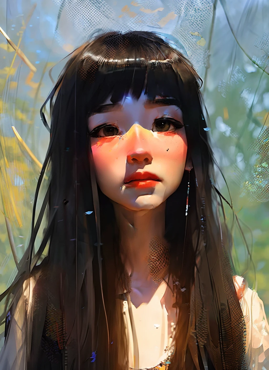 samdoesarts; portrait of one, a young woman, with colourful makeup, long hair with bangs, sternum lotus tattoo, by Jeremy Mann, matth�us merian the elder, Pino Daeni, robert rauschenber, by beksinski
