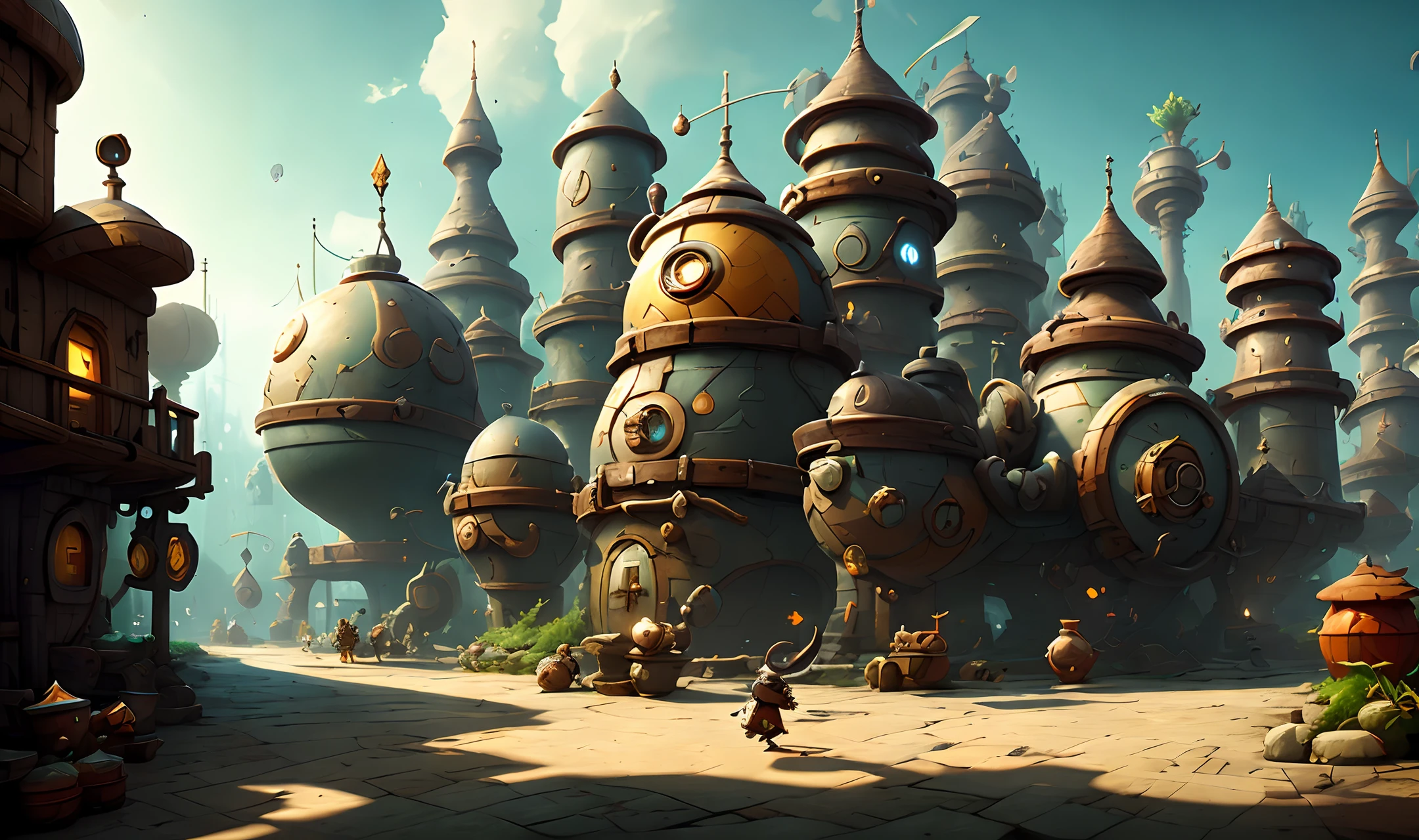 cute wakfu Splash art surreal (((medieval))) factory in the shape of a snail, by Gediminas Pranckevicius, autumn, dnd, character design, trending on artstation, fisheye camera, extreme perspective