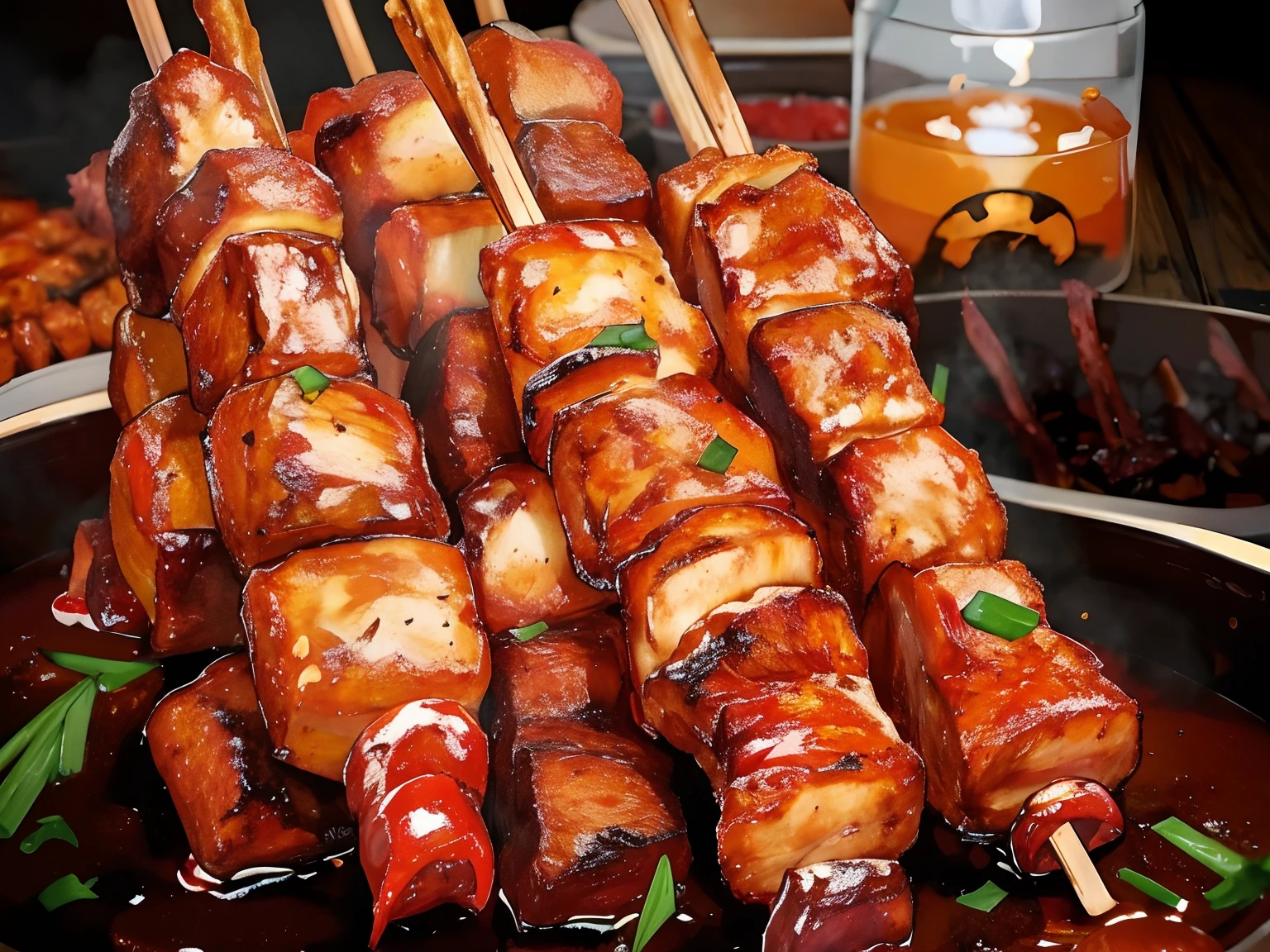 (best quality: 1.4), animation, deep-fried barbecue, shallot garnish, skewered meat,