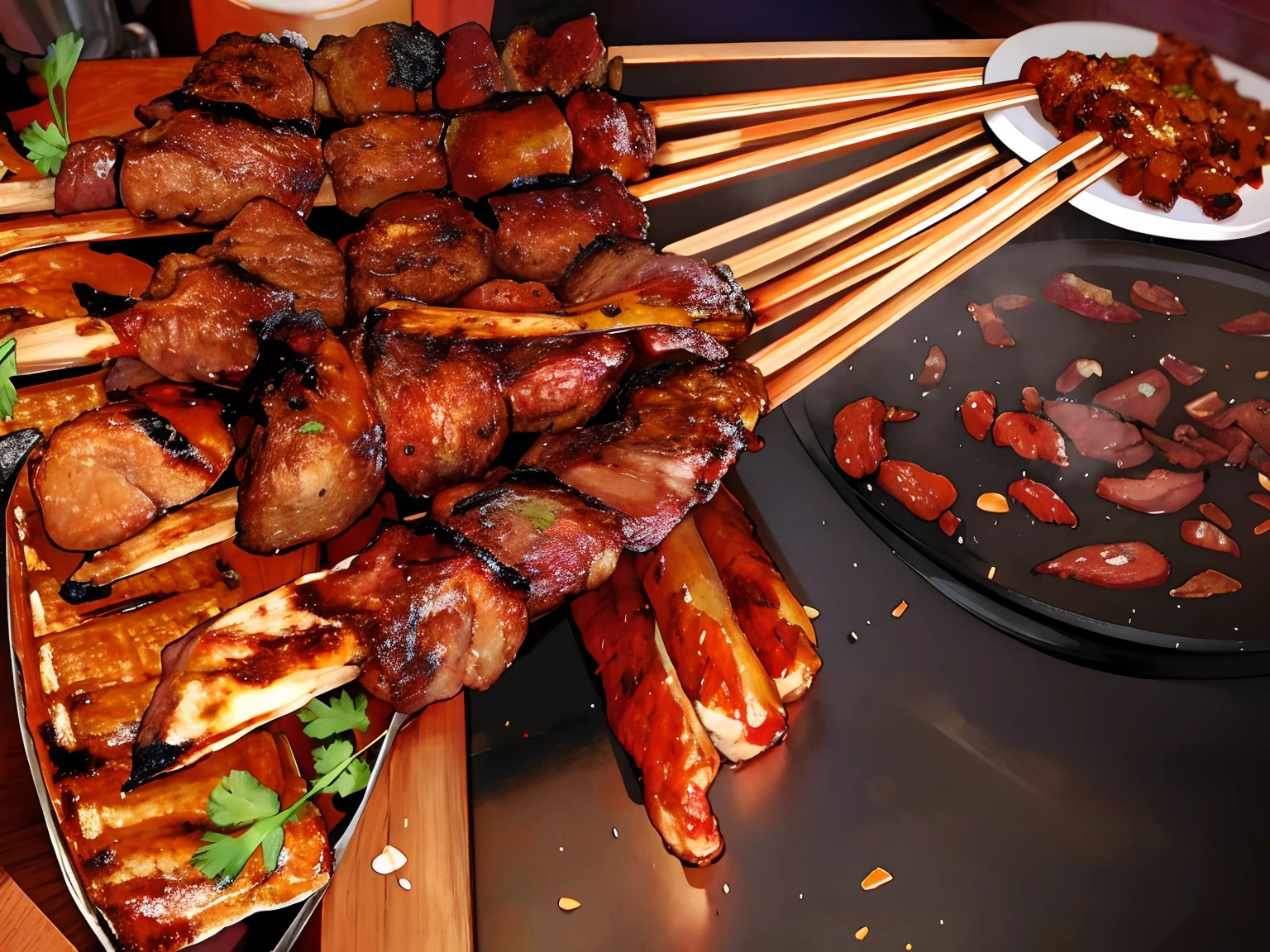 (best quality: 1.4), animation, fried grill, shallot garnish, meat skewers,