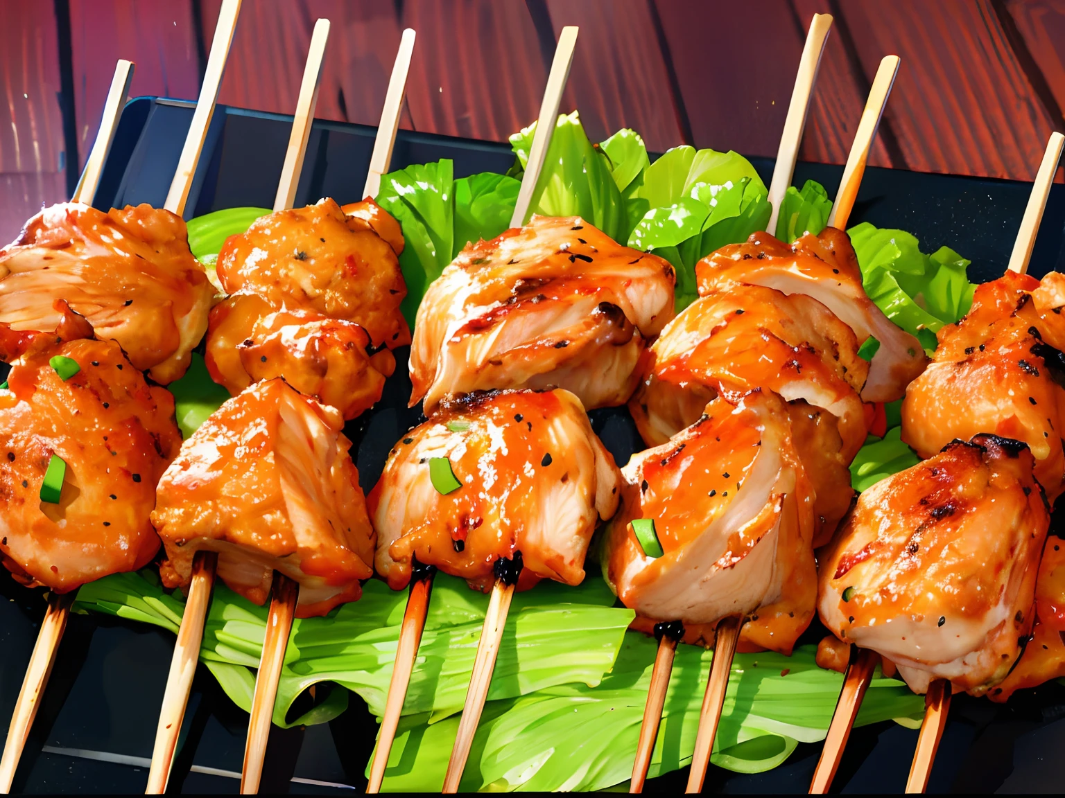 (best quality: 1.4), animated, baked, green onion, kebab, paprika, grilled chicken wings, lettuce