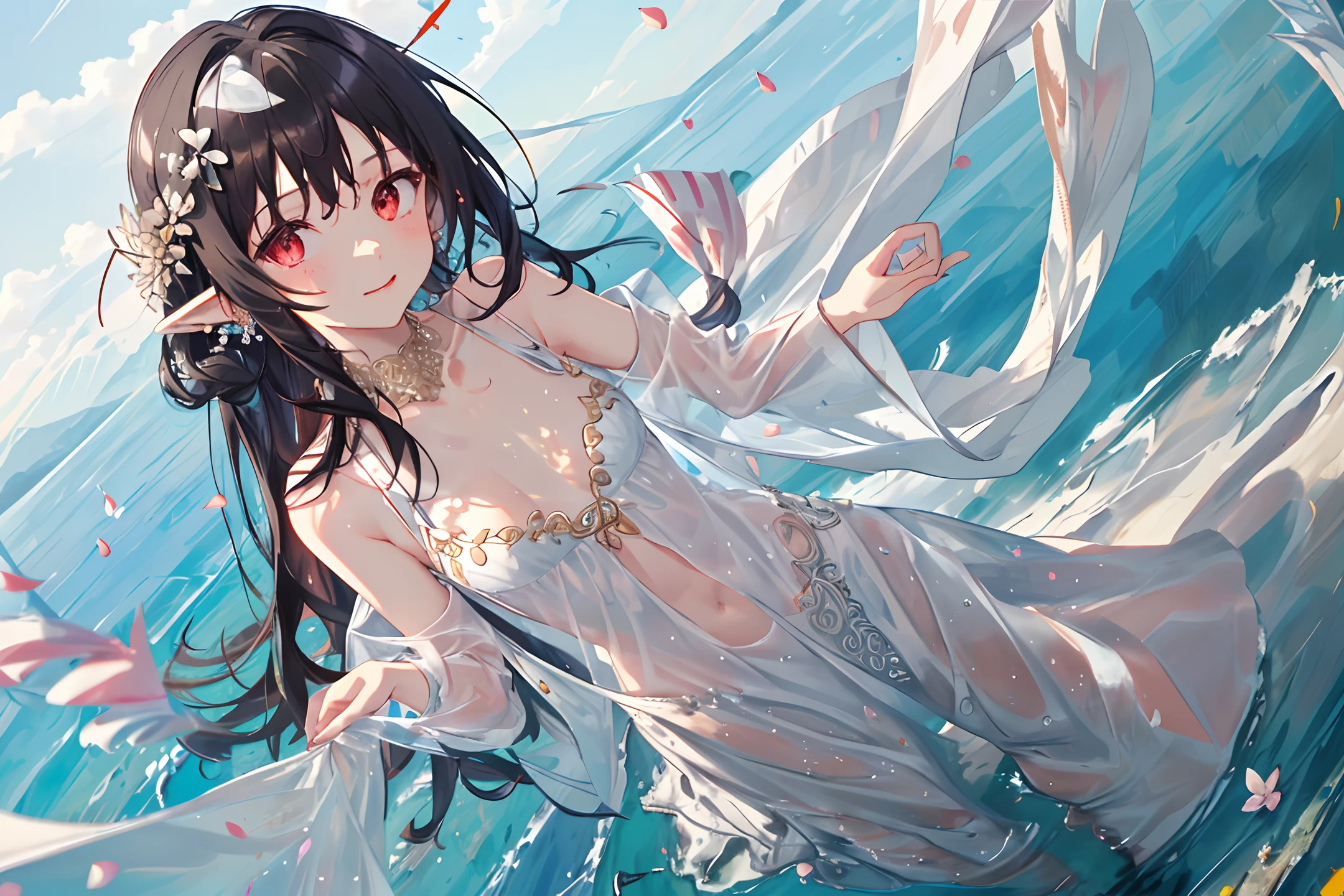 [(white background:1.3)::3],Dynamic angle,Bottle bottom,(falt color:1.2),(look at the viwer:1.3),colorful,floating wind,(Highest picture quality), (Master's work),
(Detailed eye description),(macro shot:1.25),(8K wallpaper), (Detailed face description),depth of field,(lens flare),
floating water, (mount fuji:1.3),floating rain,stream,wilderness,small dust, ((breeze)), wind, summer, sunset,(blurry background), road by the sea,Mountains and forests,water,wading,partially_submerged,(Strong sunlight:1.2),(Altocumulus:1.2), butterfly, falling petals,(standing:0.85),
(close-up:0.8),(fisheye:1.2), (1loli:1.2),small breasts,long hair,hair ornament,detailed beautiful eyes, earings,(intricate clothes:1.3), short skirt,bare shoulders,  (dress), (satin,plunging_neckline,sleeveless,translucent,wet clothes:1.2),collarbone,pointy ears, red eyes,(from above:1.2) 