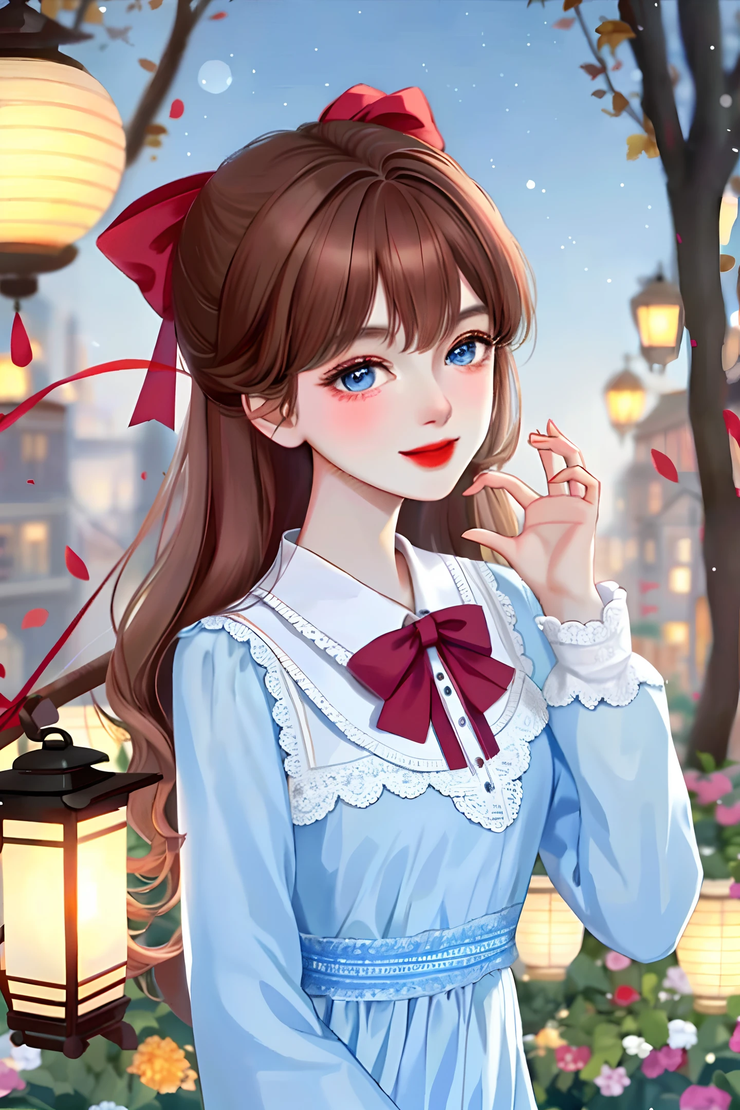 (extremely delicate and beautiful: 1.2), 1girl, fashi-girl, bangs, blue eyes, blurry, blurry background, bowknot, brown hair, shut up, from side, hair between the eyes, bowknot, lantern, light particles, long sleeves, looking at viewer, medium hair, night, red bow, solo, stars\(symbol\), upper body, smile, red lips
