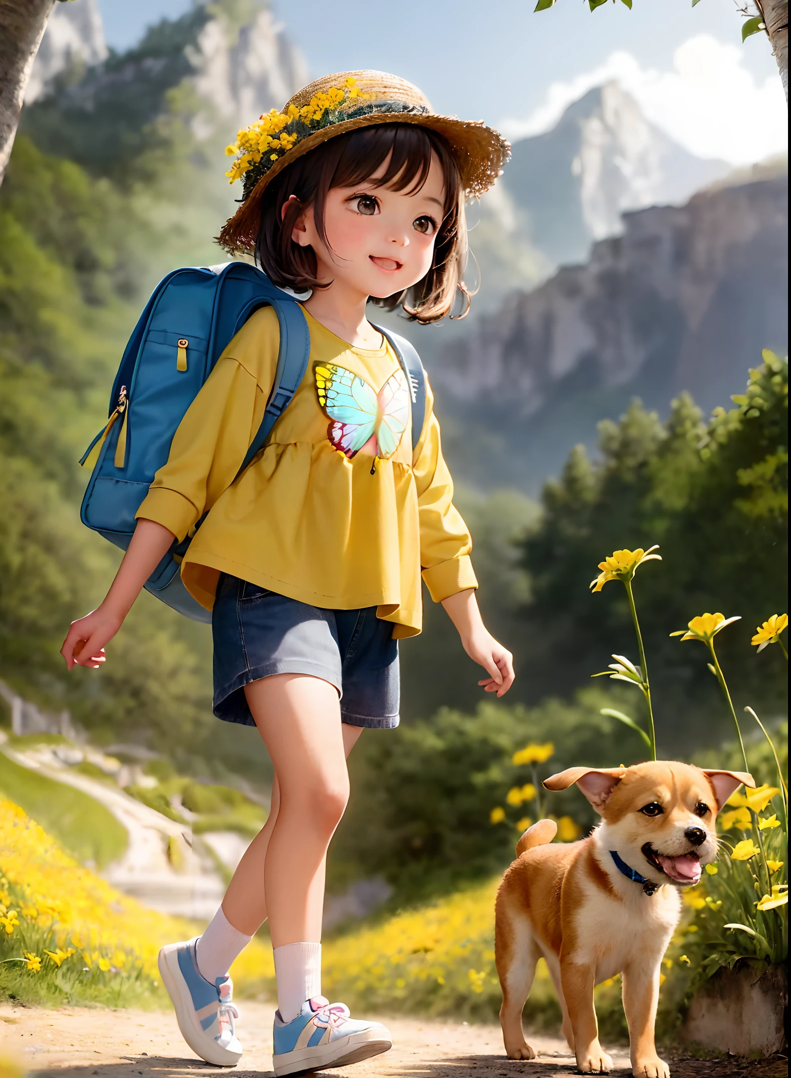 An incredibly charming *********** carrying a backpack, accompanied by her adorable puppy, enjoying a lovely spring outing surrounded by beautiful yellow flowers and natural scenery. The illustration is in high definition at 4k resolution, with highly-detailed facial features and cartoon-style visuals, (Butterfly Dance)