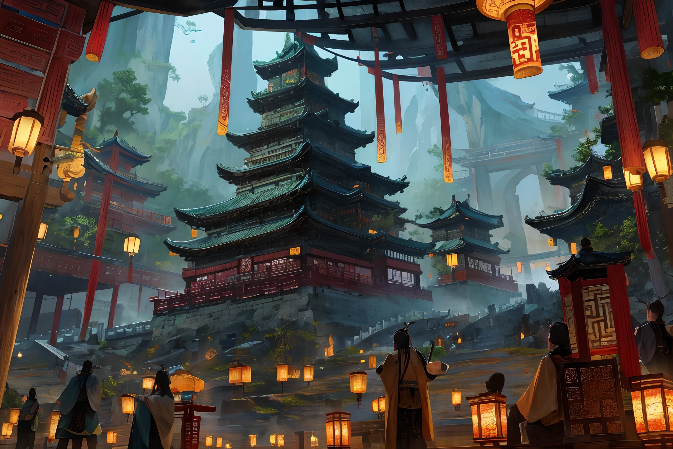 Ancient Chinese landscapes, Tang Dynasty architecture, splendor, night scenes, realistic lighting, (Abyss) masterpieces, high quality, exquisite graphics, high details,