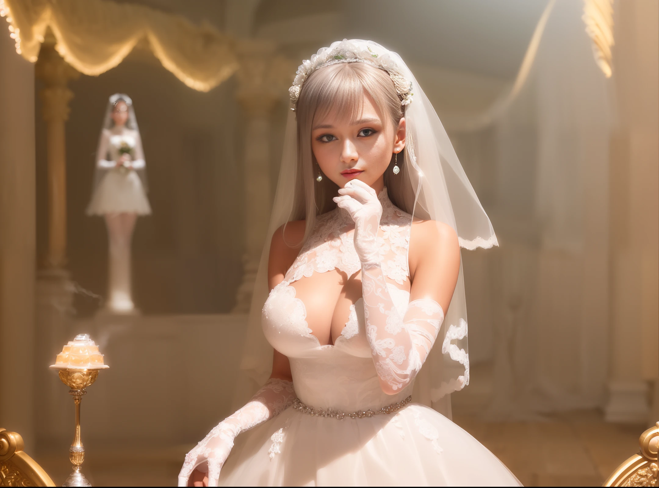 (film quality, unmatched, perfect, detail, intricate, (((extra detail))), 8K, CG, soft light, soothing tones, detail mania, intricate detail, super detail, low contrast, soft cinematic lighting , 8K textures, beautiful), (Japanese shrines, torii, halls, thrones, jewels, gems, gold, silver, diamonds, glitter, sapphires, rubies, emeralds, pearls, amber, obsidian, candles, fire, ((( (smoke))), flowers, accessories, ornaments), 1 girl, young (perfect figure: 1.25), (silver hair, silver long hair), (perfect and clean facial features), willow eyebrows and pink lips, (crystal clear red eyes) , radiant eyes, ((big breasts)), slender waist and beautiful legs, fair skin, (((white tulle transparent lace wedding dress, white tulle lace transparent gloves))),(((big breasts)),((perfect female figure )), (half body), seductive body pose, sexy pose, ((smile)), facing viewer,