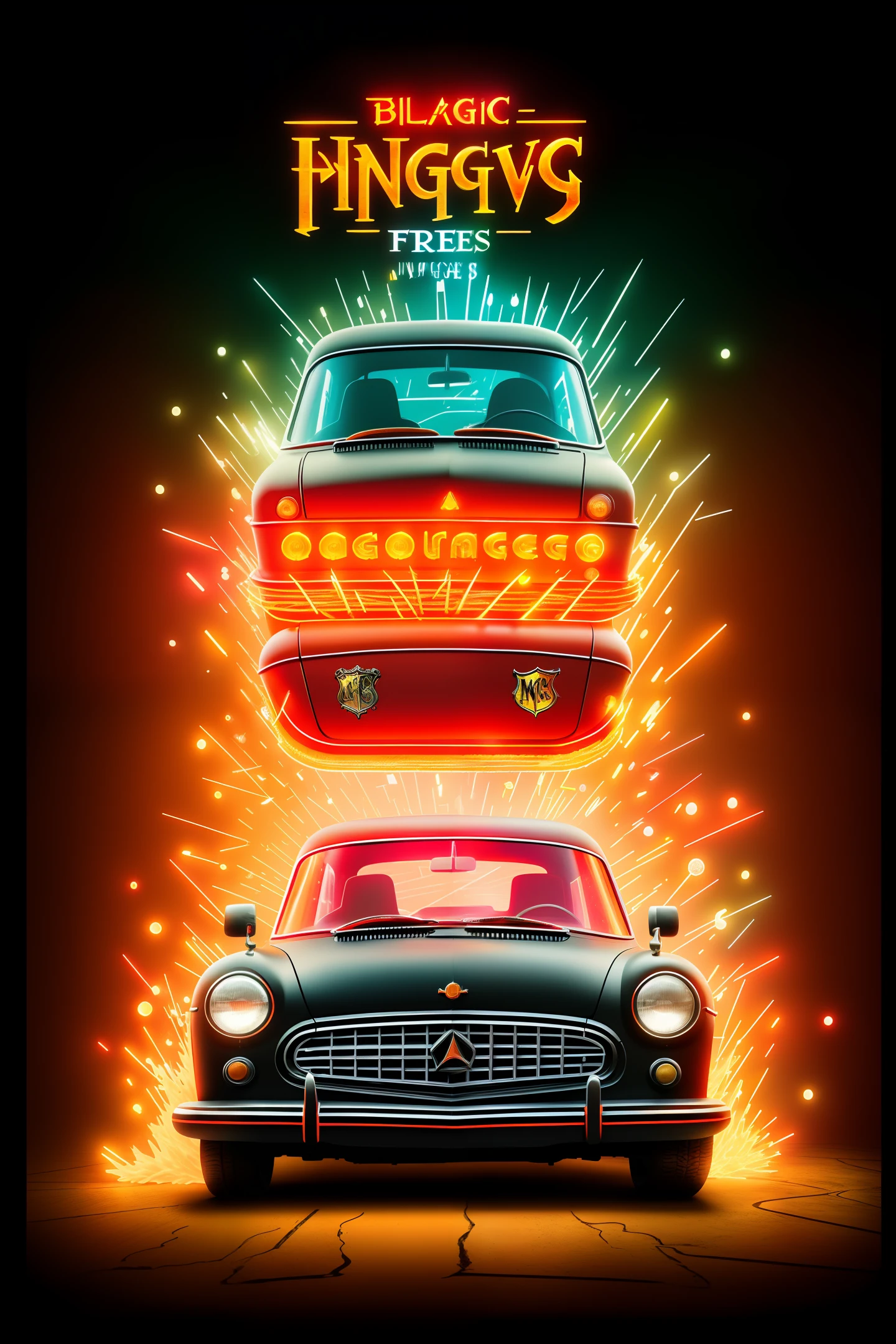 Text Says "Magic Fries", black, orange, red, yellow, Retro Style, Masterpiece, Best Quality, (Very Detailed CG Unity 8k Wallpaper), (Best Quality ), (best illustration), (best shadow), Hogwarts, Gothic font