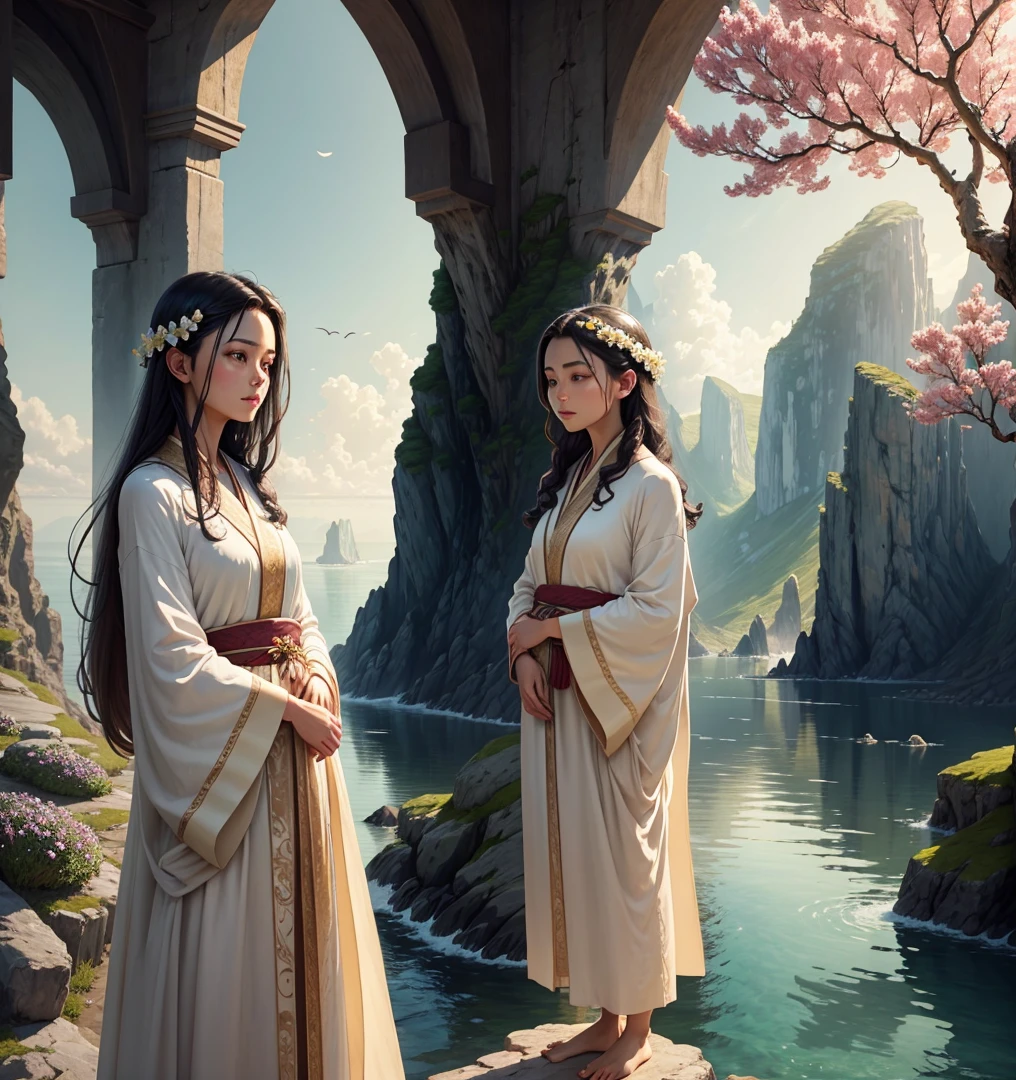 (detailed and realistic natural scenery, best illumination, delicate lighting details), peaceful and gorgeous flower sea, twilight sky, gentle breeze, falling flowers and leaves, magnificent clouds and cliffs, mysterious stone temple,

[(1 person), wearing traditional robes, standing on the cliff, looking into the distance, feeling introspective and contemplative, (dark hair, neutral expression, sharp features), surrounded by an immersive and tranquil environment, capturing the essence of nature, combining realism with beauty]:0.8