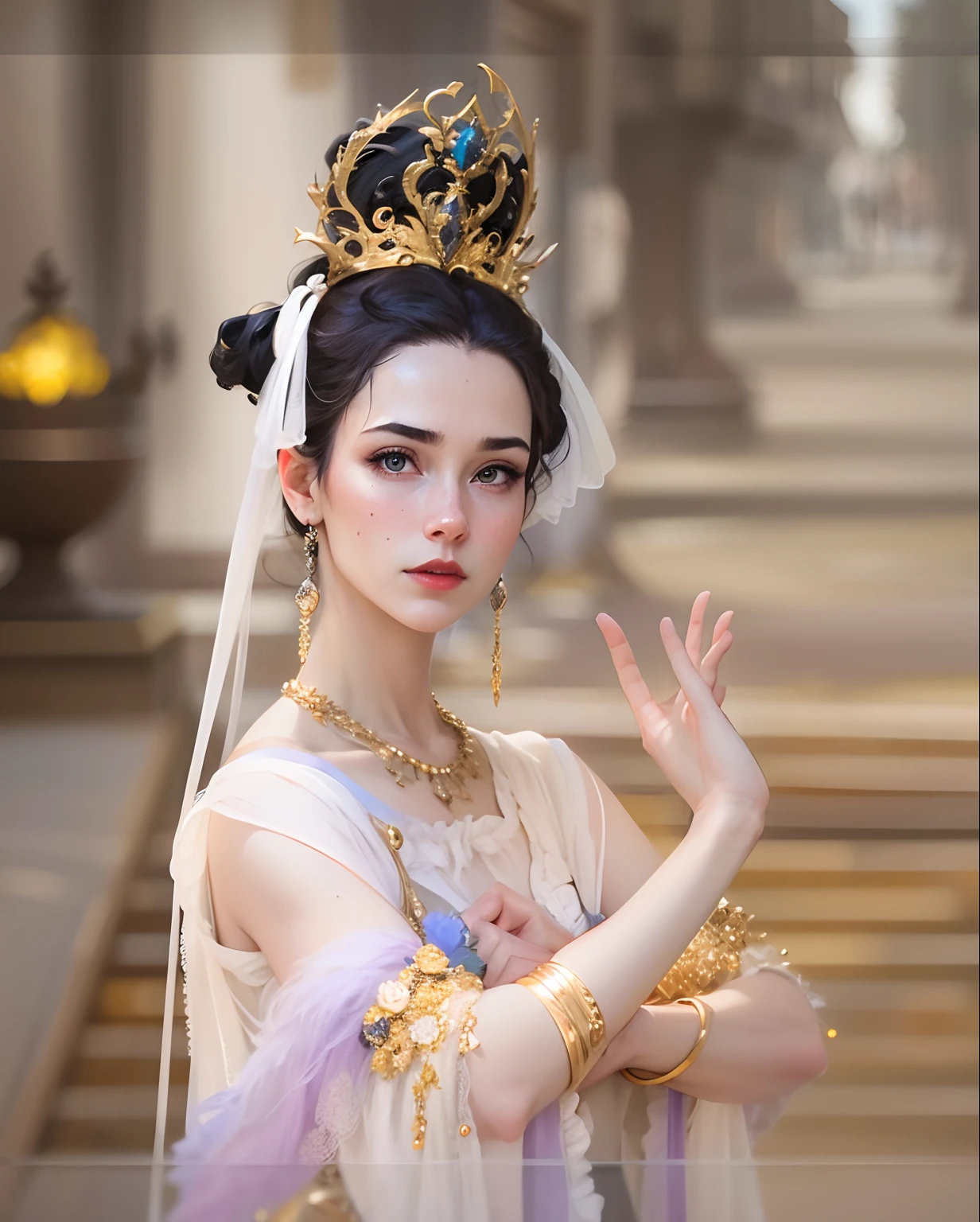 (8k, RAW photo, best quality, masterpiece), super high resolution, (realistic, photo-realistic), 1girl, emotionless, solo, brunette, blue eyes, professional lighting, detail lighting, backlighting, depth of field, natural light, Hard focus, two meters shooting distance, professional shooting, eye details, realistic eyes, detailed shadows, game cg, cosplay, Gaia\(ff14\), ruffled black dress, strapless, upper body, black clothes, dark red lipstick , outdoors, old town, wood and stone buildings,