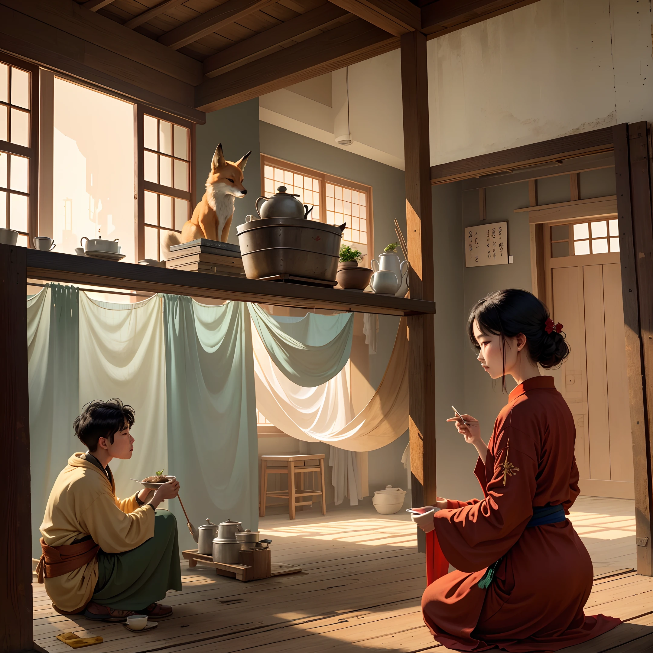 On the first floor, there is a fox living on it, and it is constant. The fox cooks meals under the kitchen at night, and entertains guests in the fasting room. It is not surprising that the family is familiar with it. All thieves and candles can be taken care of on behalf of their masters, and they have been in peace for a long time. Later, the house was housed in Li Xueshi&#39;s clean clothes. Lian Yi never believed in demons. When he went to look at it, the three couplets upstairs were clean and dust-free, and the center was as big as a mat. It was built at that time, but because of the destruction of its buildings, there is no basis for it. No other difference. As soon as it was completed, there were sudden flames, and there were no rafters in an instant. And none of the withered grass in the neighboring house was burned. They all say what the fox did. traditional Chinese painting