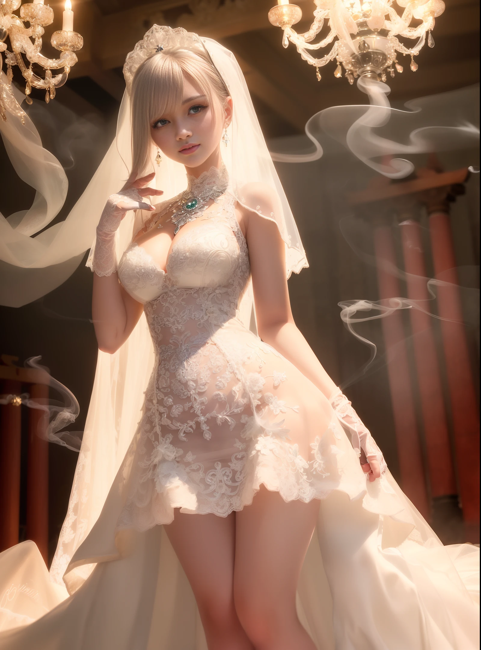 (film quality, unmatched, perfect, detail, intricate, (((extra detail))), 8K, CG, soft light, soothing tones, detail mania, intricate detail, super detail, low contrast, soft cinematic lighting , 8K textures, beautiful), (Japanese shrines, torii, halls, thrones, jewels, gems, gold, silver, diamonds, glitter, sapphires, rubies, emeralds, pearls, amber, obsidian, candles, fire, ((( (smoke))), flowers, accessories, ornaments), 1 girl, young (perfect figure: 1.25), (silver hair, silver long hair), (perfect and clean facial features), willow eyebrows and pink lips, (crystal clear red eyes) , radiant eyes, ((big breasts)), slender waist and beautiful legs, fair skin, (((white tulle transparent lace wedding dress, white tulle lace transparent gloves))),(((big breasts)),((perfect female figure )), (half body), seductive body pose, sexy pose, ((smile)), facing viewer,