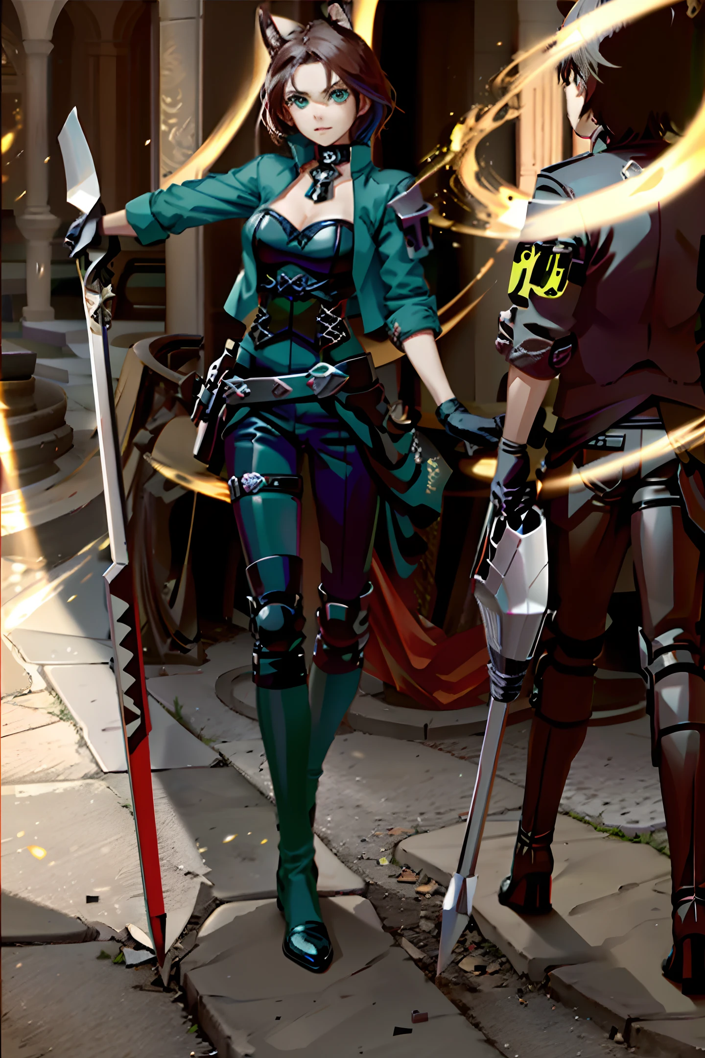 Deviant Alice in Wonderland, Magic, Cute, Sassy, Shy, Green Eyes, warrior, wild, full body, female, brown hair, spear, amazon