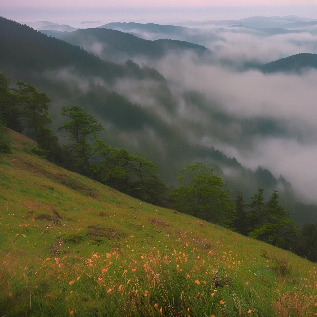 On the mountaintop, shrouded in mist and drizzle, it's a peaceful, cool evening. The only sound is the rustling of leaves and the gentle breeze. Alone, I sit at the table sipping tea, contemplating the quiet beauty around me. No one else is present, and the vast expanse of space around me is tranquil and serene.