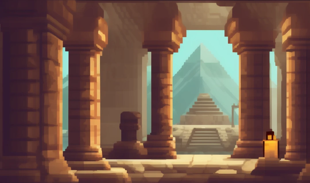 Pixel art video game cover art, ancient egyptian scene, huge stone pillars, mummy, interior of the hall, pixel art style