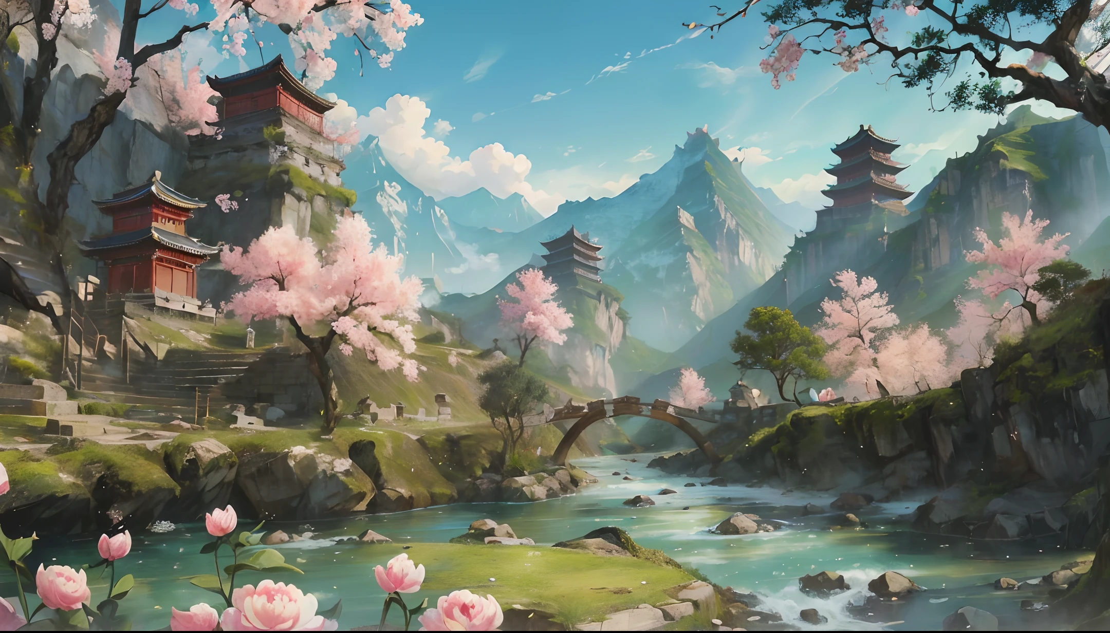 Ancient Chinese landscapes, ((two high mountains facing each other, Riverr in the middle)), temples, (stone bells), (peony flowers), (Longmen), beautiful scenery, realistic lighting, masterpiece, high quality, beautiful graphics, high detail,