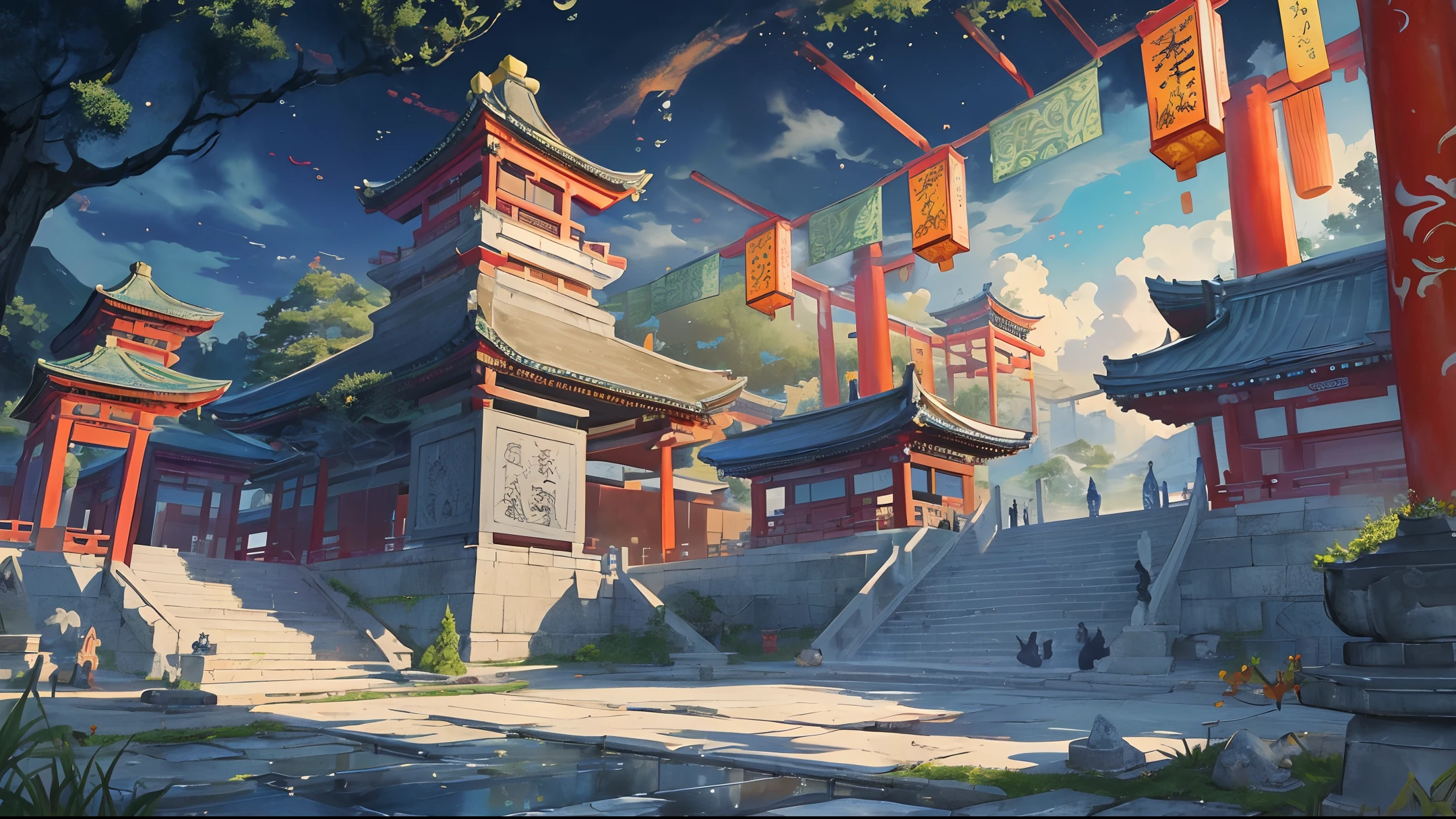 The game scene, the ancient Chinese palace is located above the clouds, surrounded by clouds and mist, majestic, glazed tiles, Buddha statues, lanterns, colorful, long stone steps and torii gates in the foreground ((color ink)),( (splash ink ) ), ((splash ink) ink})), masterpiece, high quality, beautiful graphics, high detail