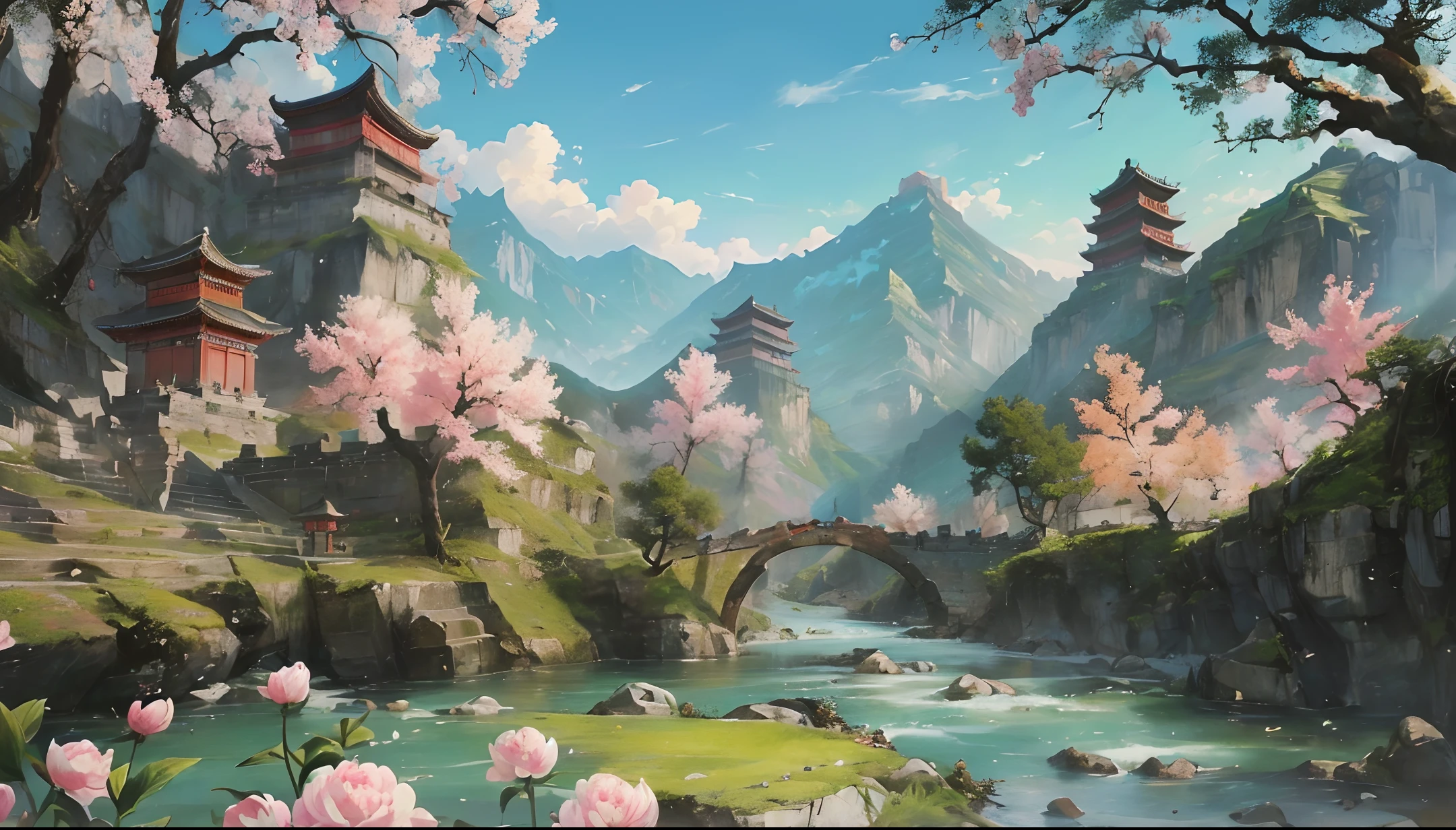 Ancient Chinese landscapes, ((two high mountains facing each other, Riverr in the middle)), temples, (stone bells), (peony flowers), (Longmen), beautiful scenery, realistic lighting, masterpiece, high quality, beautiful graphics, high detail,