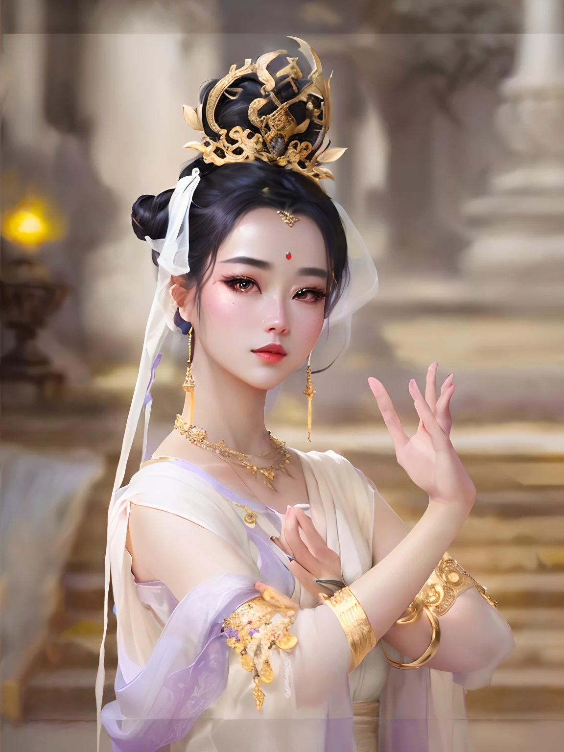 Masterpiece, Best Quality, (Very Detailed CG Unity 8k Wallpaper), (Best Quality), (Best Illustration), (Best Shadow), Realistic Lighting, Dunhuang Murals, Ancient Girl, Lavender Veil Dress, High Bun, Gold Jewelry, Necklace, Gold bracelet, red lips, pretty, big eyes