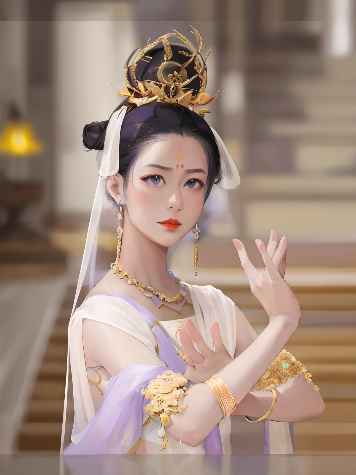 (best quality: 1.4), girl, fine brushwork, high bun, ancient style, Dunhuang murals, realistic lighting, Dunhuang murals, ancient girls, lavender gauze skirt, high bun, gold ornaments, necklaces, gold bracelets, exquisite, red lips