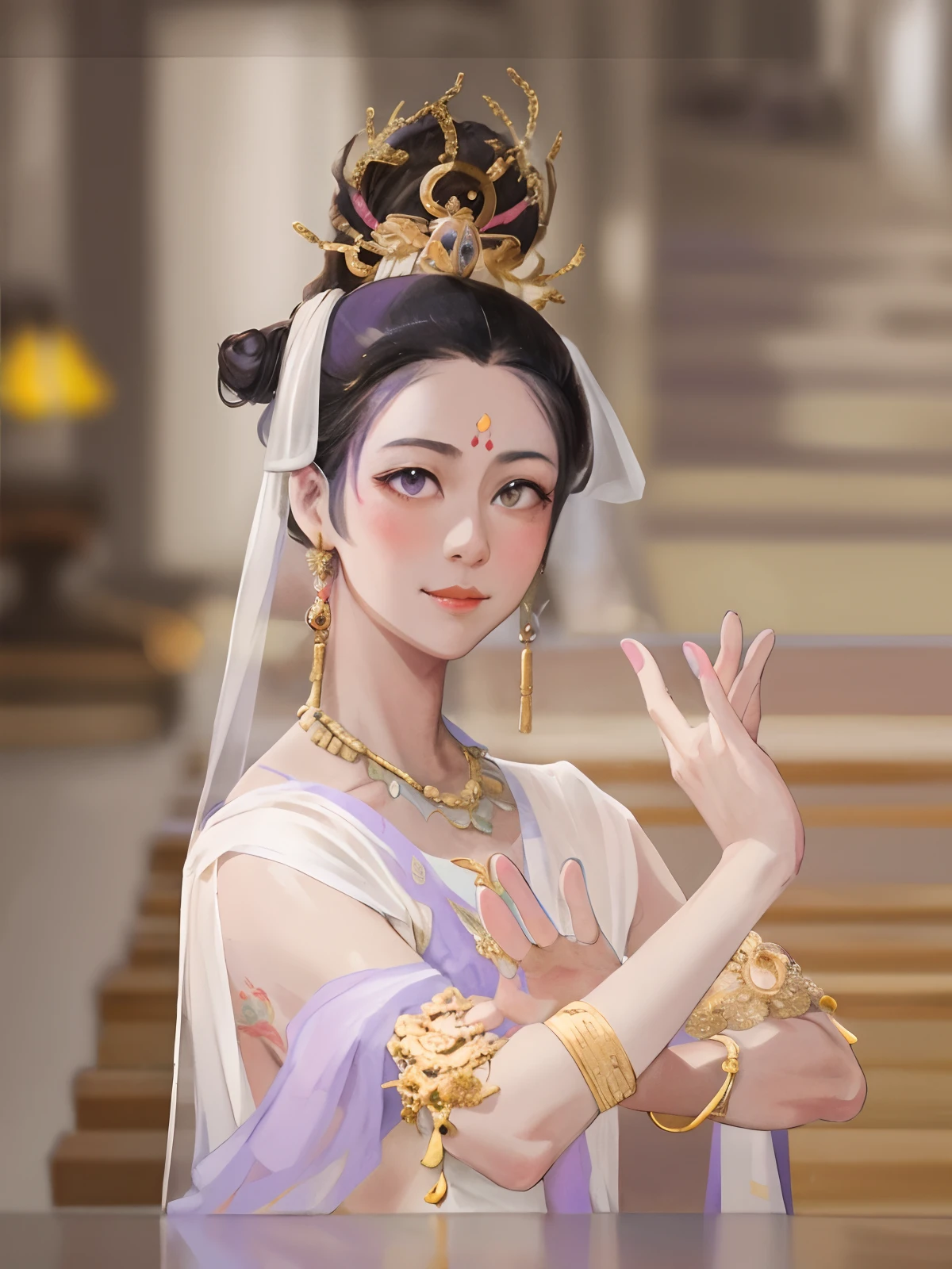 (best quality: 1.4), girl, fine brushwork high bun, ancient style, Dunhuang murals, realistic lighting, Dunhuang murals, ancient girl, lavender gauze skirt, high bun, gold ornaments, necklace, gold bracelet, exquisite, pink stupid, gentle smile