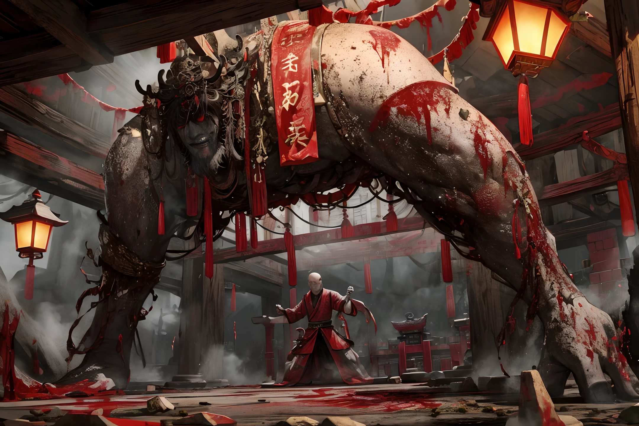 Ancient Chinese landscape, temple, (mysterious black fog), ((corpse)), (dilapidated), (battlefield)), (blood stains), Buddha statue, lantern, absurd, realistic lighting, masterpiece, high quality, beautiful graphics , high detail,