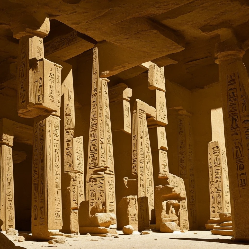 Ancient egyptian scene, huge stone pillars, mummies, interior of the main hall, dim light, yellow sand in the air