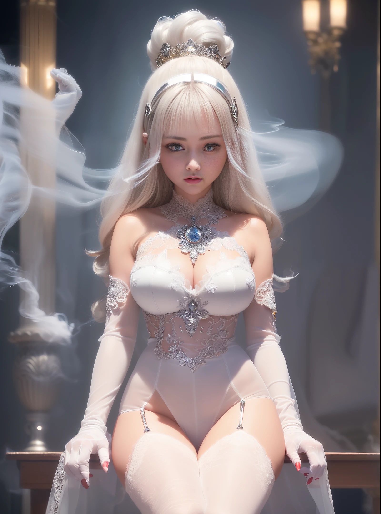 (film quality, unmatched, perfect, detail, intricate, (((extra detail))), 8K, CG, soft light, soothing tones, detail mania, intricate detail, super detail, low contrast, soft cinematic lighting , 8K textures, beautiful award winning photography, bokeh, depth of field, HDR, bloom, chromatic aberration, photorealism, very detailed, trending on artstation, trending on CGsociety, intricate, high detail, dramatic, halfway art), (Japanese Shrine , throne, jewel, gemstone, gold, silver, diamond, glitter, sapphire, ruby, emerald, pearl, amber, obsidian, candle, fire, (((((smoke))), flower, accessory, accessory), 1 girl (perfect figure: 1.25), (silver hair, silver long hair), (perfect and clean facial features), willow eyebrows and pink lips, (crystal clear red eyes), radiant eyes, (()), slender waist Limbs, beautiful legs, fair skin,(((white tulle lace transparent gloves))),(((big breasts)),((perfect female figure)),(half body),  bose,  pose,((laugh )), facing the audience,