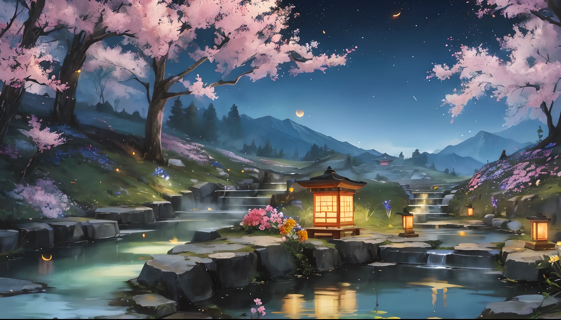 Ancient Chinese landscapes, ((hot springs)), (fireflies), (paper kites), (midnight), (moon), shrines on the top of the mountain, ((flowers)), beautiful landscapes, realistic lighting, masterpieces, high quality, beautiful graphics, high detail,