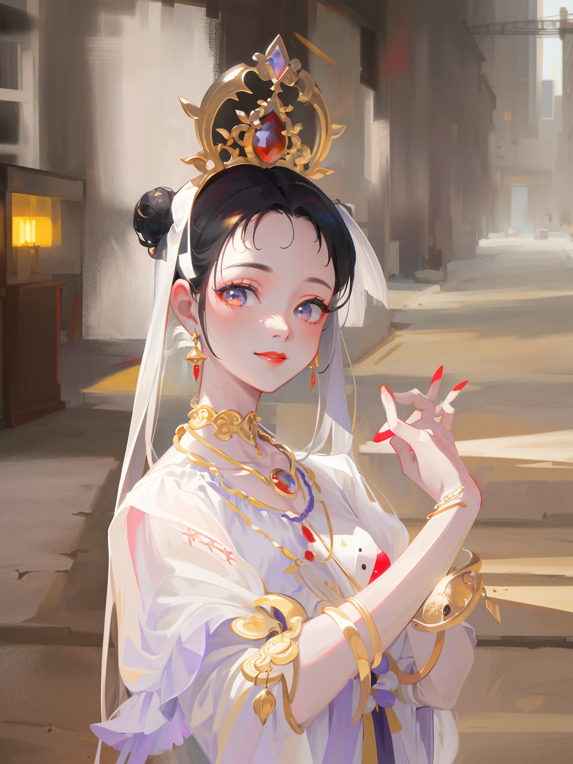 (Masterpiece, Monochrome, Colorful: 1.0), (Maximum Quality: 1.2), (Ultra High Quality: 1.1), Masterpiece, Best Quality, (Very Detailed CG Unity 8k Wallpaper), (Best Quality), (Best Illustration), ( Best Shadow), realistic lighting, Dunhuang murals, ancient girl, lavender gauze dress, high bun, gold ornaments, necklace, gold bracelet, red lips, beautiful, big eyes, innocent smile, sadness, red lips