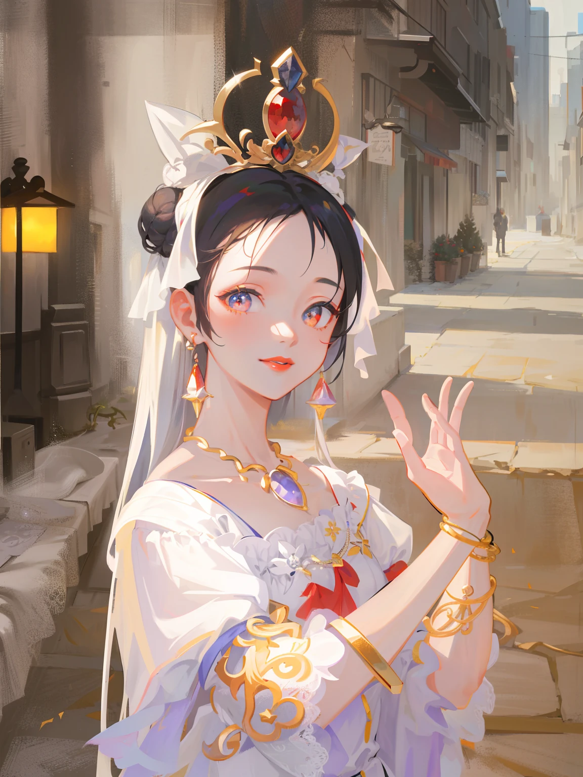 (Masterpiece, Monochrome, Colorful: 1.0), (Maximum Quality: 1.2), (Ultra High Quality: 1.1), Masterpiece, Best Quality, (Very Detailed CG Unity 8k Wallpaper), (Best Quality), (Best Illustration), ( Best Shadow), realistic lighting, Dunhuang murals, ancient girl, lavender gauze dress, high bun, gold ornaments, necklace, gold bracelet, red lips, beautiful, big eyes, innocent smile, sadness, red lips