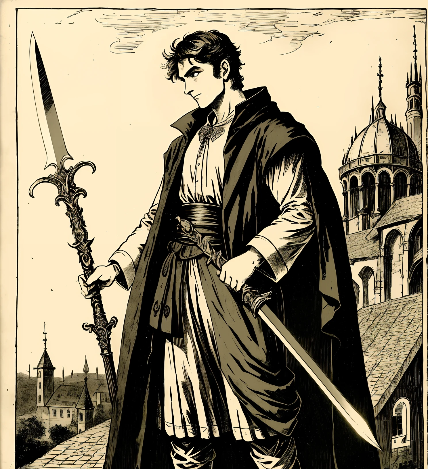 There is a male character in a white cloak, holding a sword with a cold light shining on his sword. He stood on a high place in a city, overlooking the whole city. Surrounded by bright lights, the city is very prosperous. However, the character&#39;s expression is indifferent, as if he is waiting for something, he is wearing a gorgeous costume, holding a long staff, surrounded by purple energy. He is fighting a ferocious demon. The demon&#39;s huge body and sharp claws raged in the air, but the guest seemed unafraid, and defeated the demon in an instant with his magic. His eyes are very sharp. He held a huge knife with a cold light shining on the blade. He seemed to be contemplating something, but his eyes were fixed on the front all the time, as if he was on guard for something.