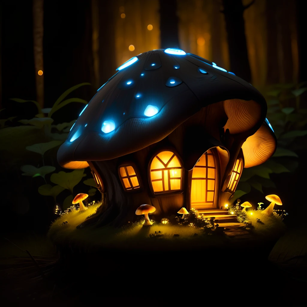 Extreme close-up of a mushroom-shaped house with fireflies, creating an air of mystery in the nighttime.