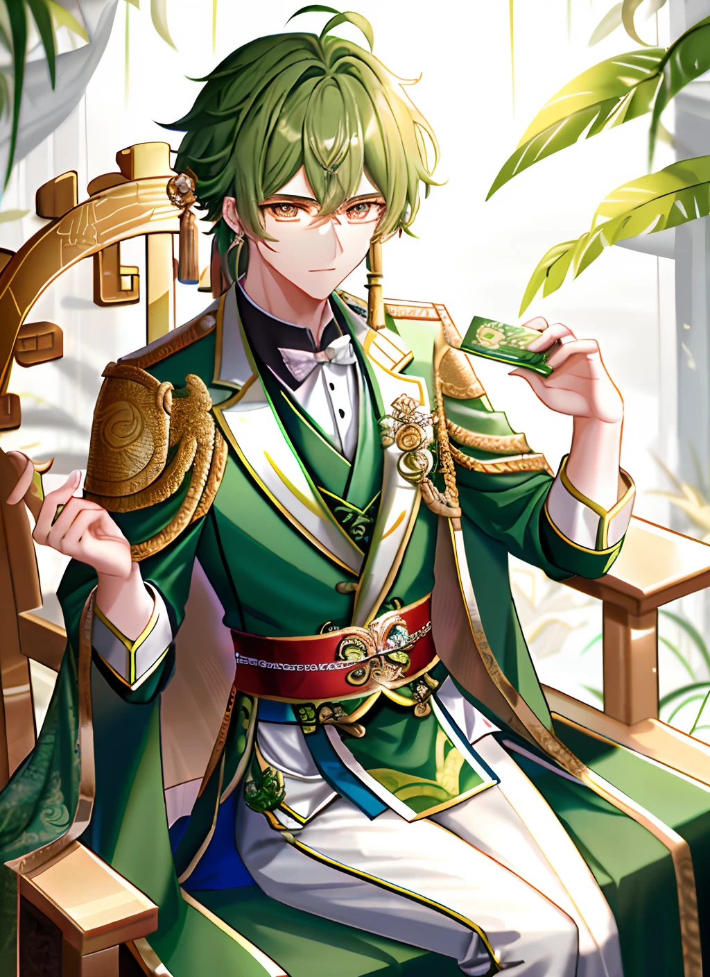 .arafed man in a green and gold costume sitting on a chair, zhao yun, heise jinyao, beautiful androgynous prince, xianxia fantasy, cai xukun, li zixin, coronation of the flower prince, xianxia hero, inspired by Guan Daosheng, inspired by Li Kan, inspired by Zhang Han, Jin Shan.