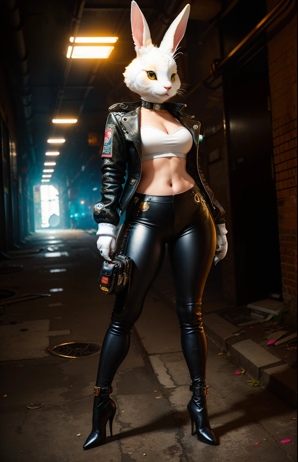 Masterpiece,((ultradadetailed)),((Animal anthropomorphism)),gang theme,little white rabbit,female,cute,underworld,jacket,black pants,high-heeled boots,(abandoned factory),cement gray,brick best,solo focus , (skippy: 1.04), curvy, full body, cyberpunk