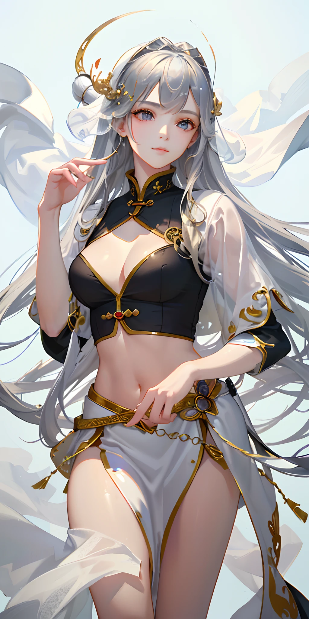(photorealistic:1.4), (masterpiece, sidelighting, finely detailed beautiful eyes: 1.2), (extremely detailed CG artwork, Chinese-style masterpiece, ultra-detailed, ethereal and serene, floating in misty mountains and wispy clouds),(graceful Taoist nun, immortal and elusive, long hair flowing, adorned with silver hairpin, white clothes, (wispy clouds and floating mist around her), (graceful posture and hand gestures), (Jian sword at her waist)):0.8.(midriff),