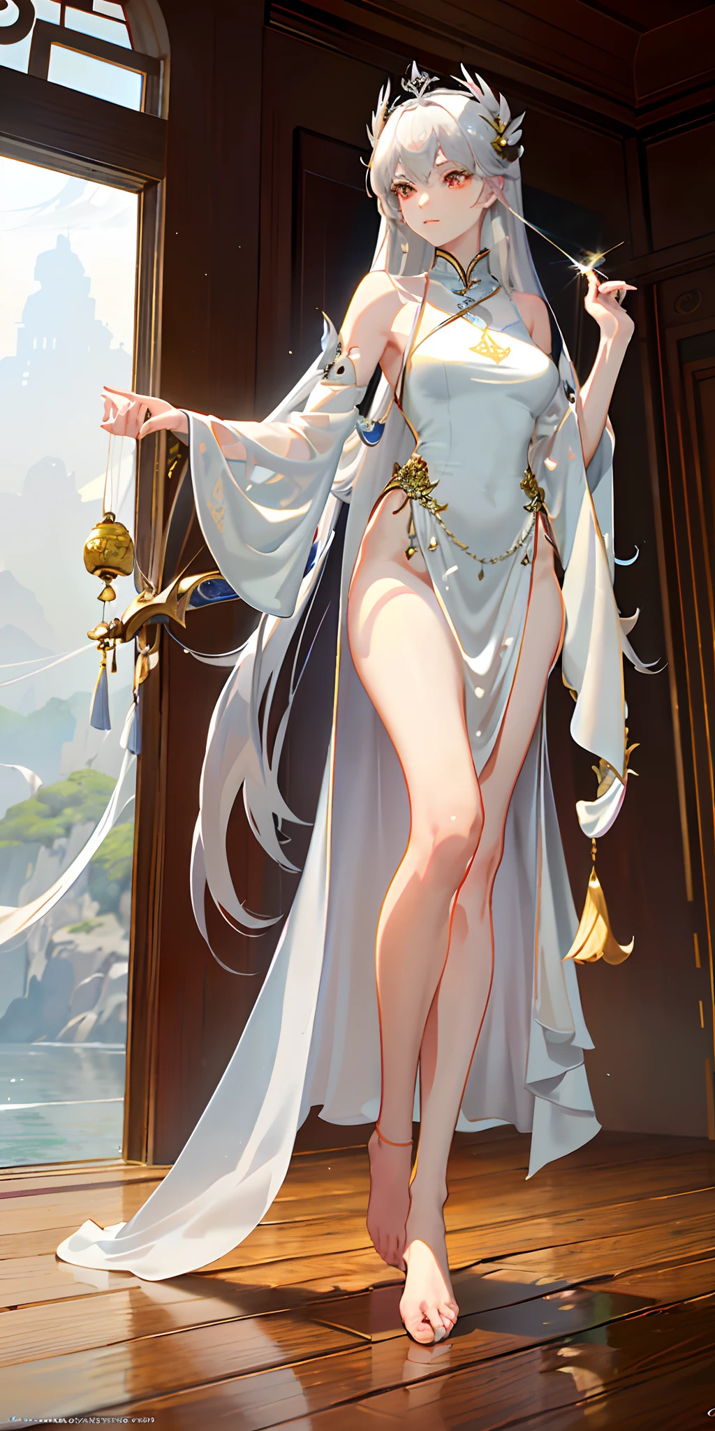 (Fidelity: 1.4), (Masterwork, side light, exquisite eyes: 1.2), (Extremely fine CG painting, Chinese style masterpiece, ultra-delicate, ethereal and quiet, misty mountains, misty clouds), (elegant and luxurious Taoist nun, fairy Misty, with long flowing hair, decorated with silver hairpins, long silver hair, white clothes, red eyes, (misty and cloudy), (beautiful figure, beautiful palm), (sword hanging on waist:0.8), nude foot.