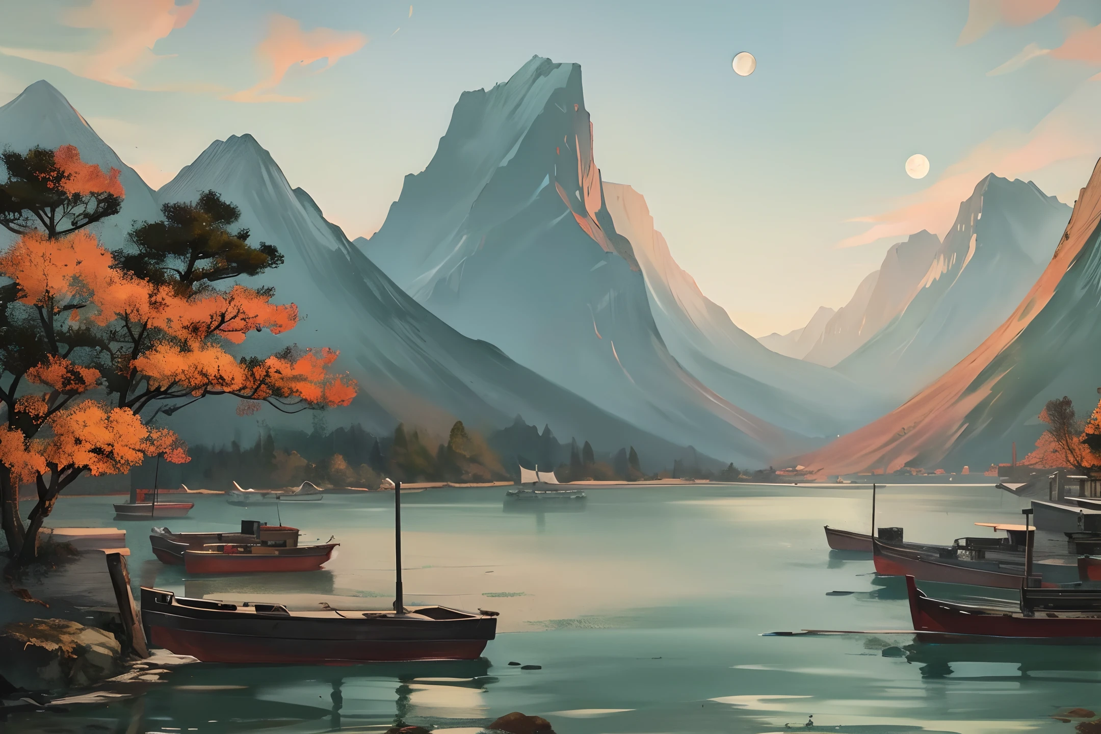 Chinese ink painting, mountains, water, boats, bright moon