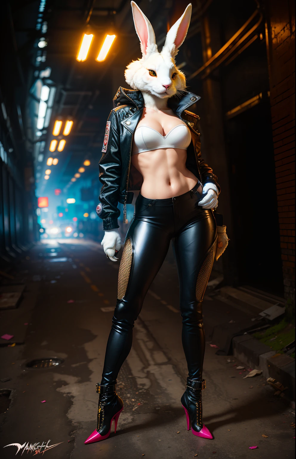 Masterpiece,((ultradadetailed)),((Animal anthropomorphism)),gang theme,white rabbit head,female,cute,underworld,jacket,black pants,high-heeled boots,(abandoned factory),cement gray,brick best,solo focus , (skippy: 1.04), curvaceous, full body, cyberpunk, human finger details