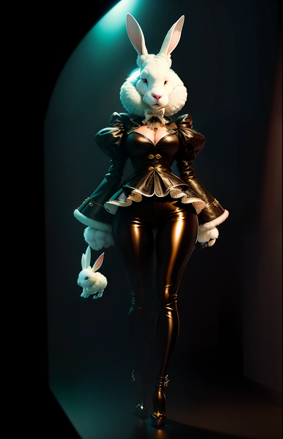Masterpiece,((ultradadetailed)),((Animal anthropomorphism)),gang theme,big white rabbit headdress,female,cute,underworld,jacket,black pants,high-heeled boots,(empty place),curvy,full body,race Bopunk, fine detail of human fingers