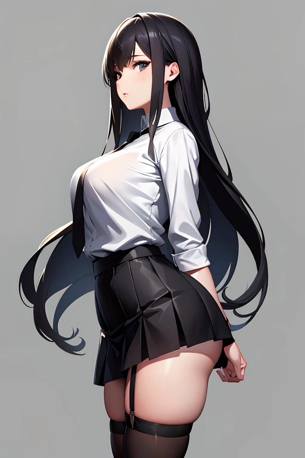 "((Masterpiece, Best Quality)), featuring 1 girl in a photorealistic style (weight: 1.4). The subject is solo with white background, black long hair, zettai ryouiki, skirt, and garter stockings. The prompt includes full body "