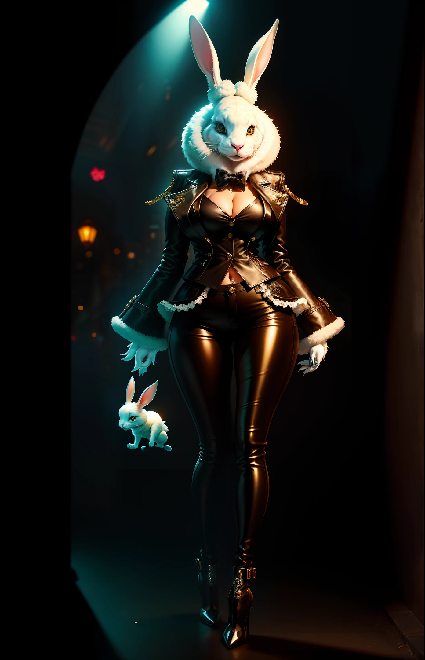 Masterpiece,((ultradadetailed)),((Animal anthropomorphism)),Gangster,White Rabbit Headwear,Female,Cute,Underworld,Jacket,Black Pants,High Heeled Boots,(Opening),Curvy,Full Body,Ethnic Bopunk,Human fine details of fingers