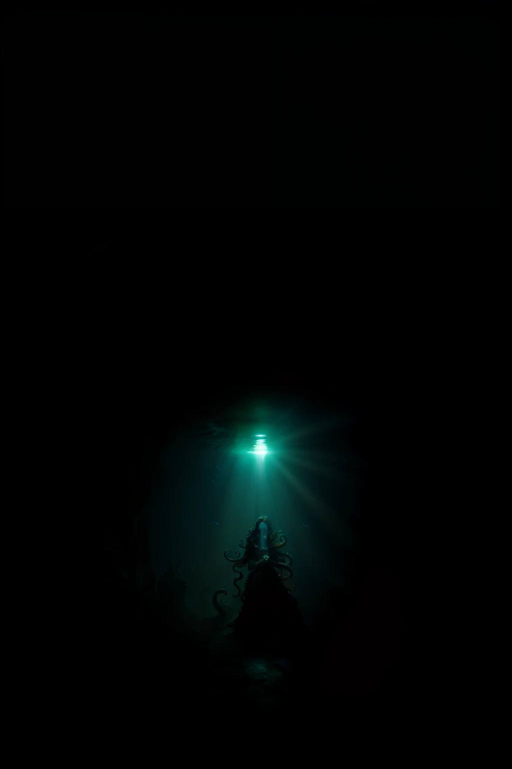 (With movie-level CGI, professional quality, 8k resolution, HD, wide-angle lens, lighting style: cellar lighting, Rembrandt, super detailed, and realism) The scene depicts a dark and terrifying underwater setting, primarily featuring a Cthulhu-style beauty lying on top of a water dispenser. Her dark green hair gradually transforms into octopus tentacles, with a ray of sunlight illuminating her face, creating a combination of the Tyndall effect and diffuse reflection. The camera focuses on the girl's facial features. Background: Scattered around are perfectly-shaped robot corpses, while in the distance, gigantic sea serpents and deep-sea fishmen can be faintly seen. A trace of blood rises from the ocean floor amidst the chaotic seaweed.