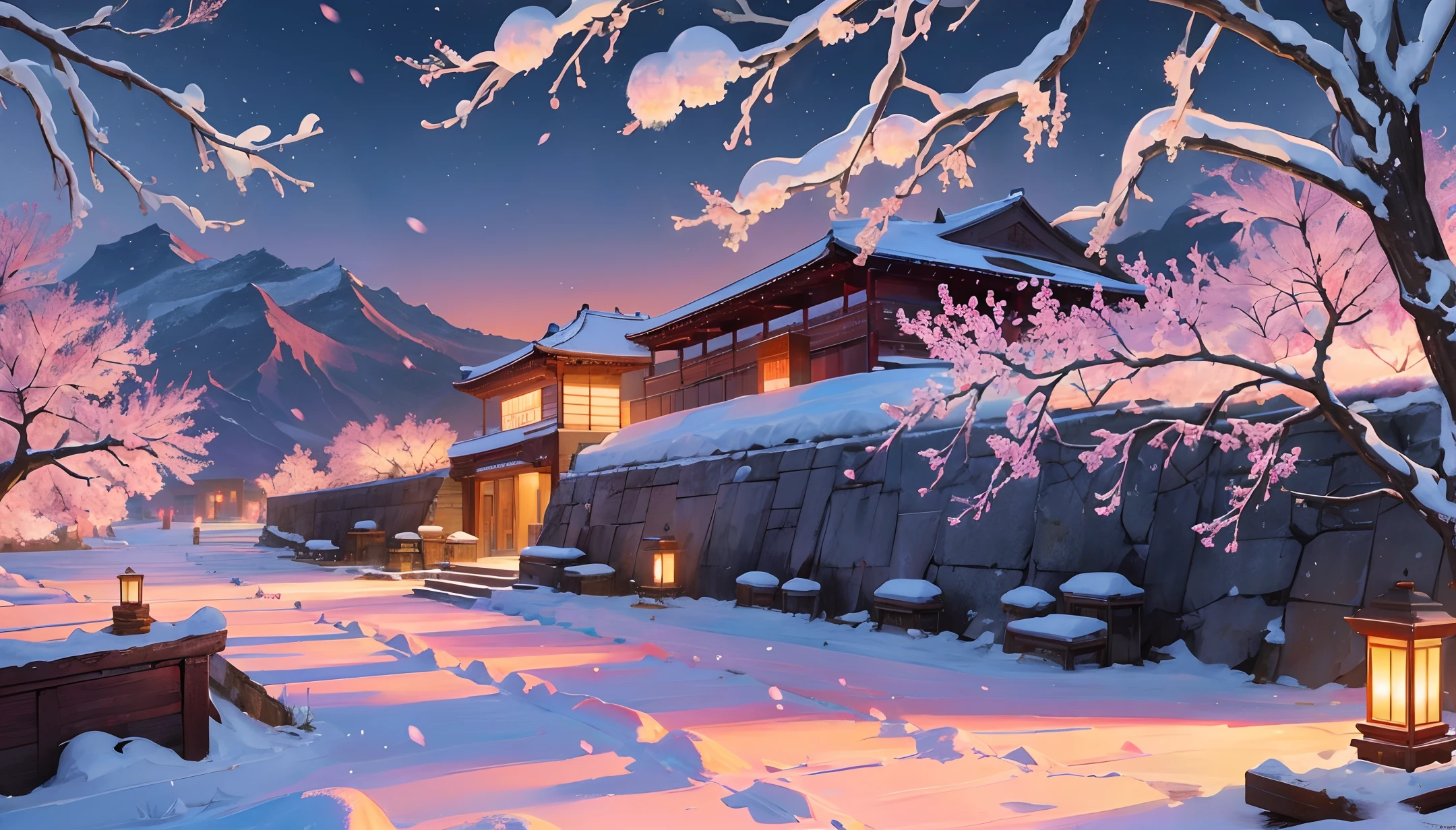 Ancient Chinese landscapes, ((heavy snow)), ((desert)), (ancient city walls), (red plum blossoms), (Snowflakes are falling.), beautiful landscapes, realistic lighting, masterpieces, high quality, beautiful graphics, high detail,