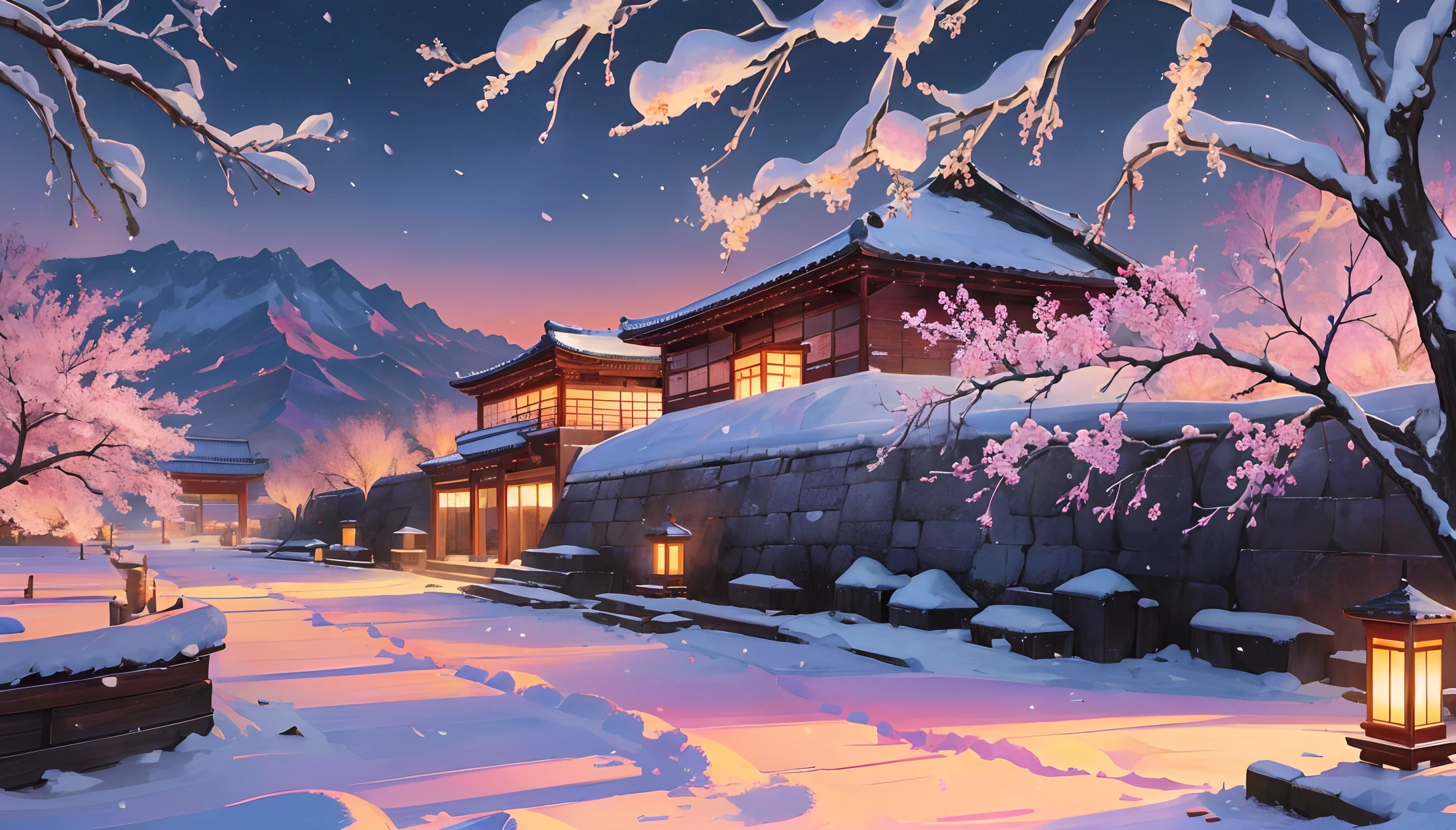 Ancient Chinese landscapes, ((heavy snow)), ((desert)), (ancient city walls), (plum blossoms), (Snowflakes are falling.), beautiful landscapes, realistic lighting, masterpieces, high quality, beautiful graphics, high detail,