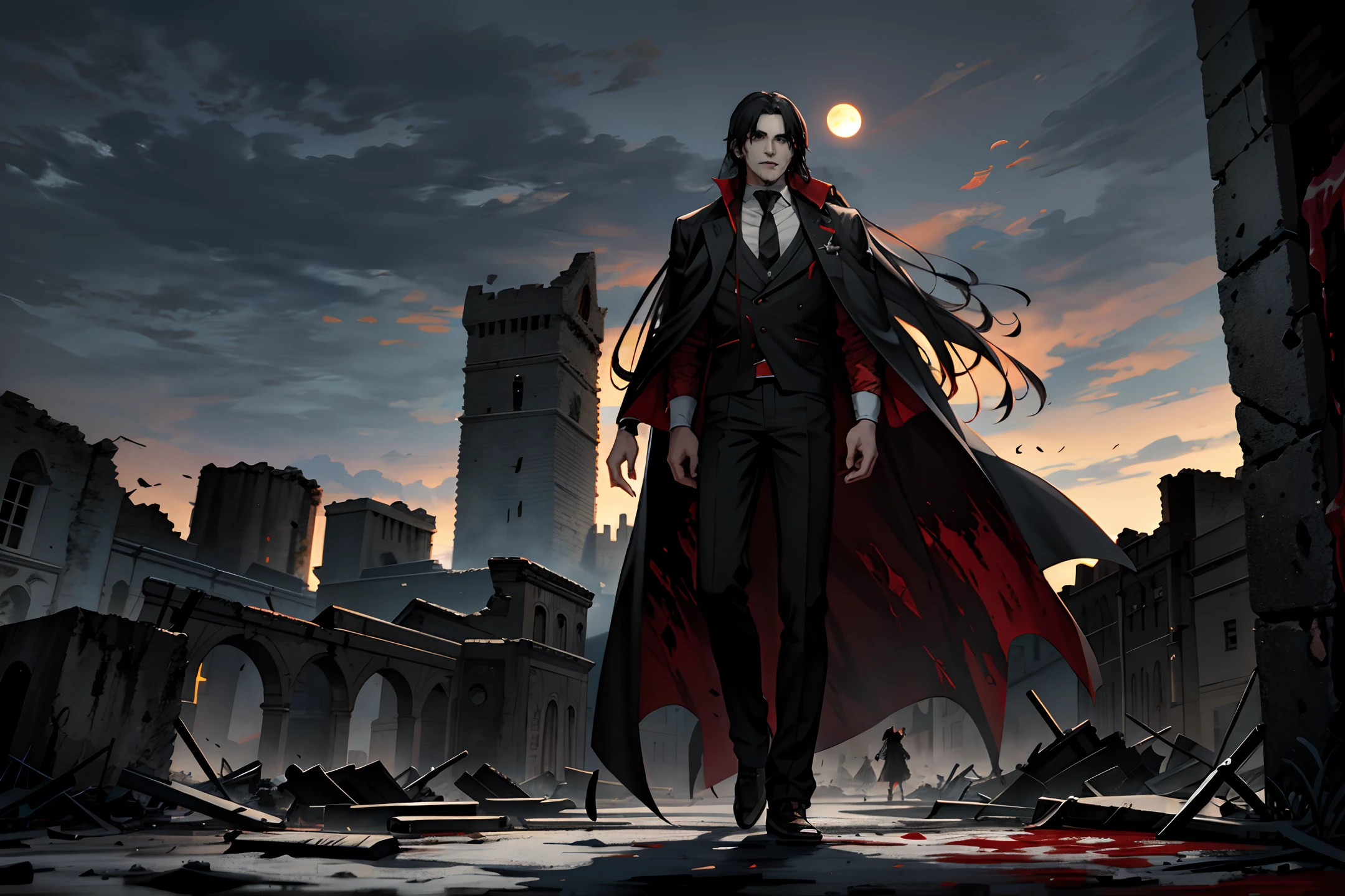A lone vampire, blood-spattered and fangless, stands against the backdrop of a bloody moon in a ruined castle with bodies in the background.
