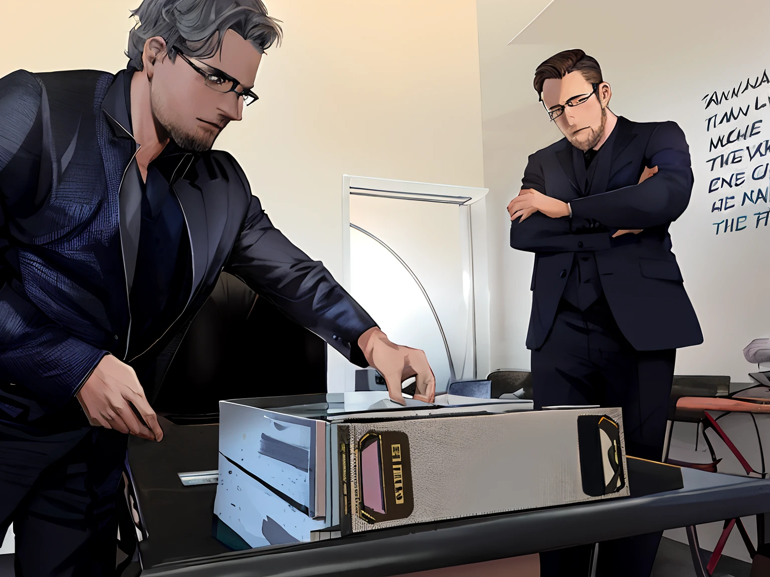 FH, Masterpiece, best quality, sharp, contrast, realistic drawing, tall brunette man, wearing glasses, suit and tie, office background, evening, mock up style, face focus, handsome face, ikemen, sitting and reading a book,